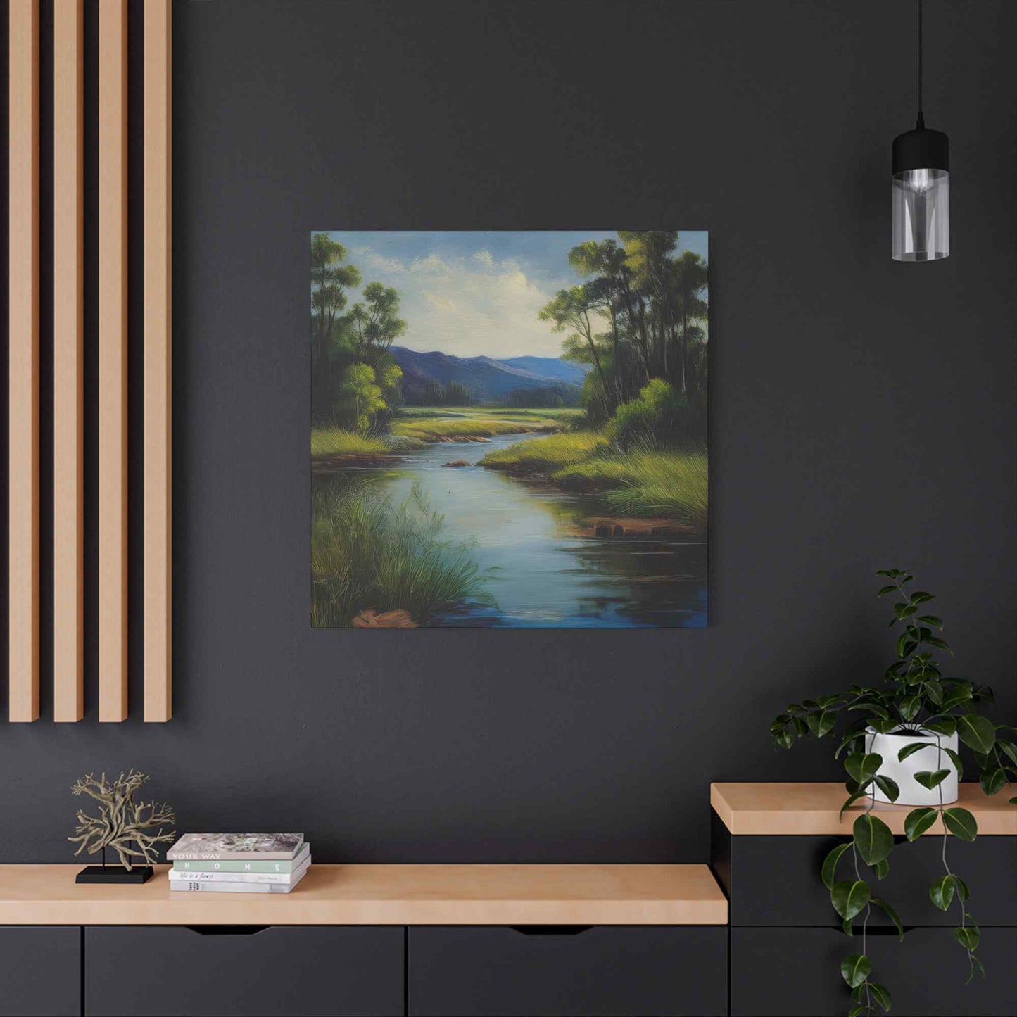 River Print Canvas, Landscape Oil Paint Print 20x20, 24x24, 30x30, 32x32, 36x36 Art Design Print Pine-Wood Inner Frame MC-54