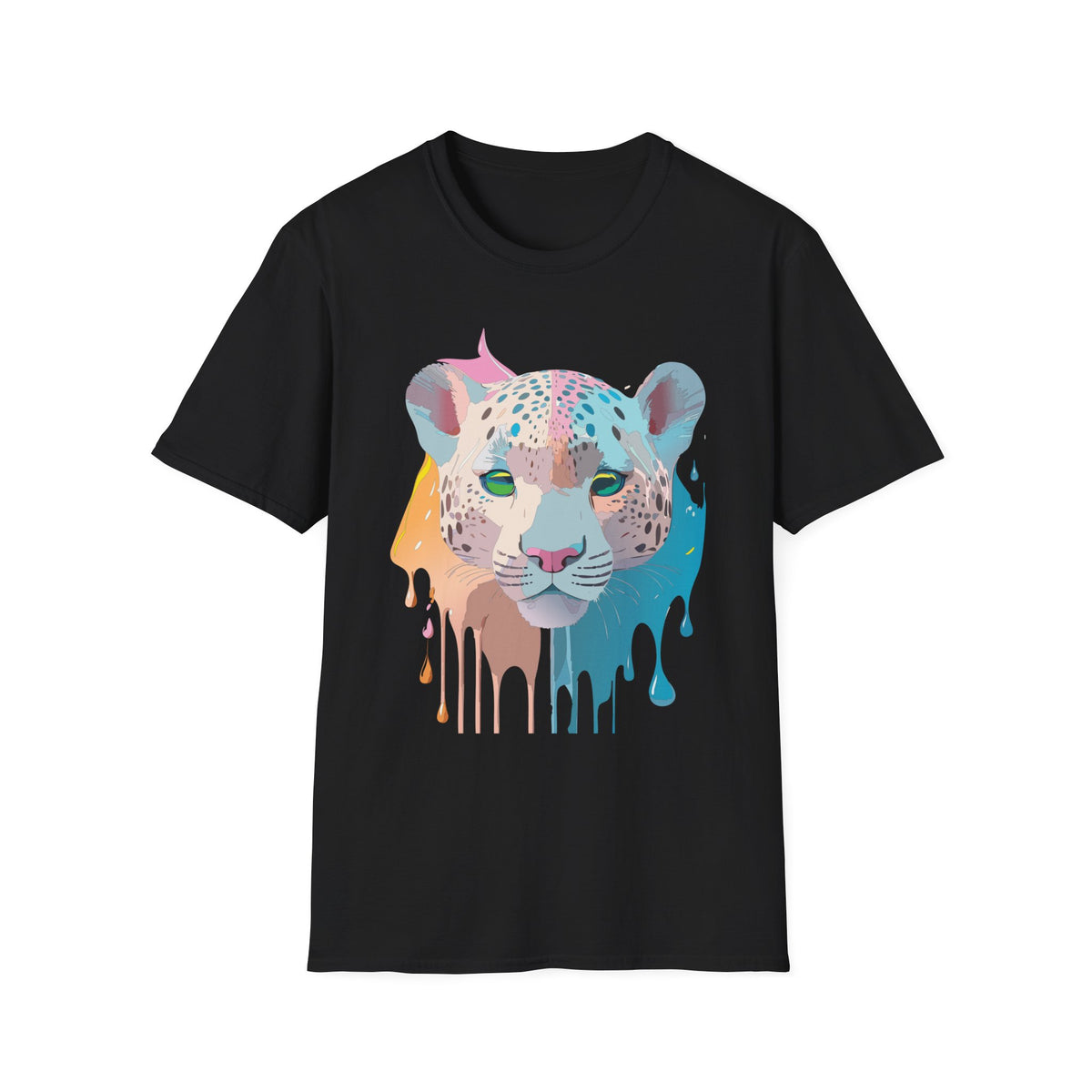 Colorful Leopard Portrait T-Shirt | Dripping Paint Cat Tee