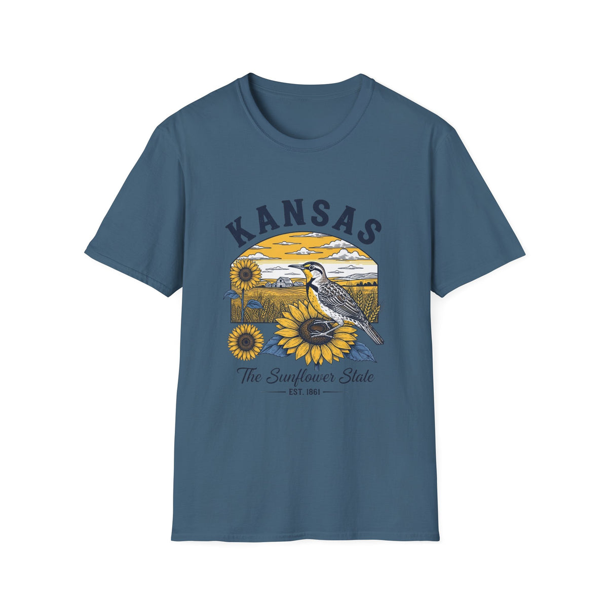 Kansas Sunflower State T-Shirt — Meadowlark Sunflowers Travel Tourist Graphic Design Unisex 100 Cotton Gildan T-Shirt