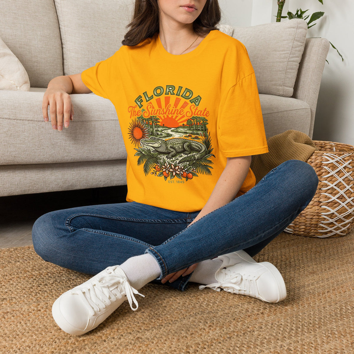 Florida Vintage Alligator T-Shirt — The Sunshine State Travel Tourist Graphic Design Unisex 100 Cotton Gildan T-Shirt