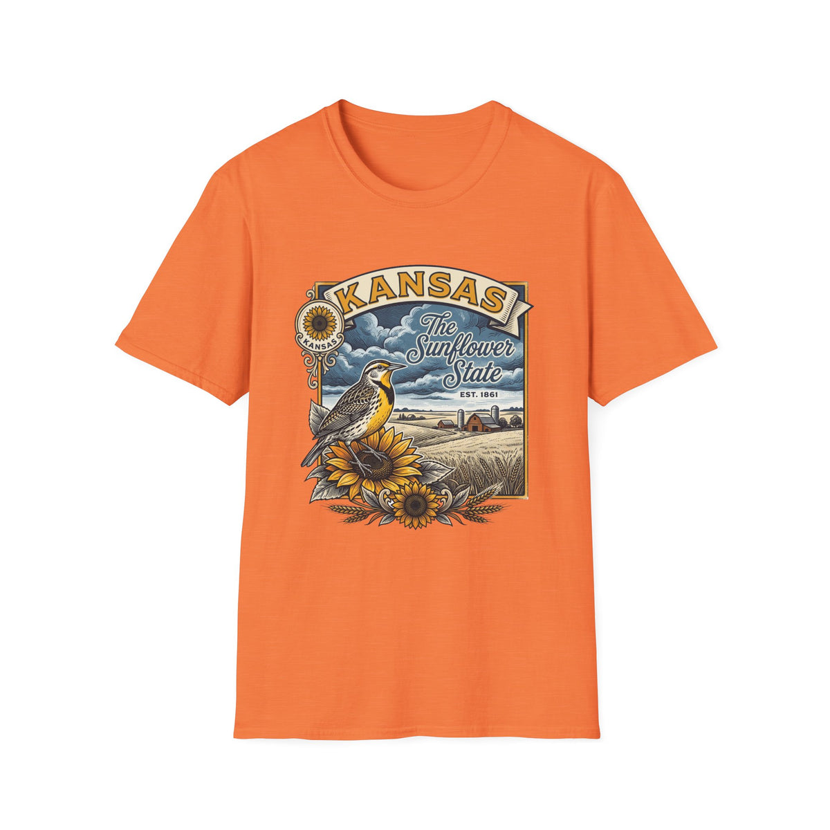 Kansas Sunflower State T-Shirt | Meadow Bird Vintage Travel Tourist Graphic Design Unisex 100 Cotton Gildan T-Shirt