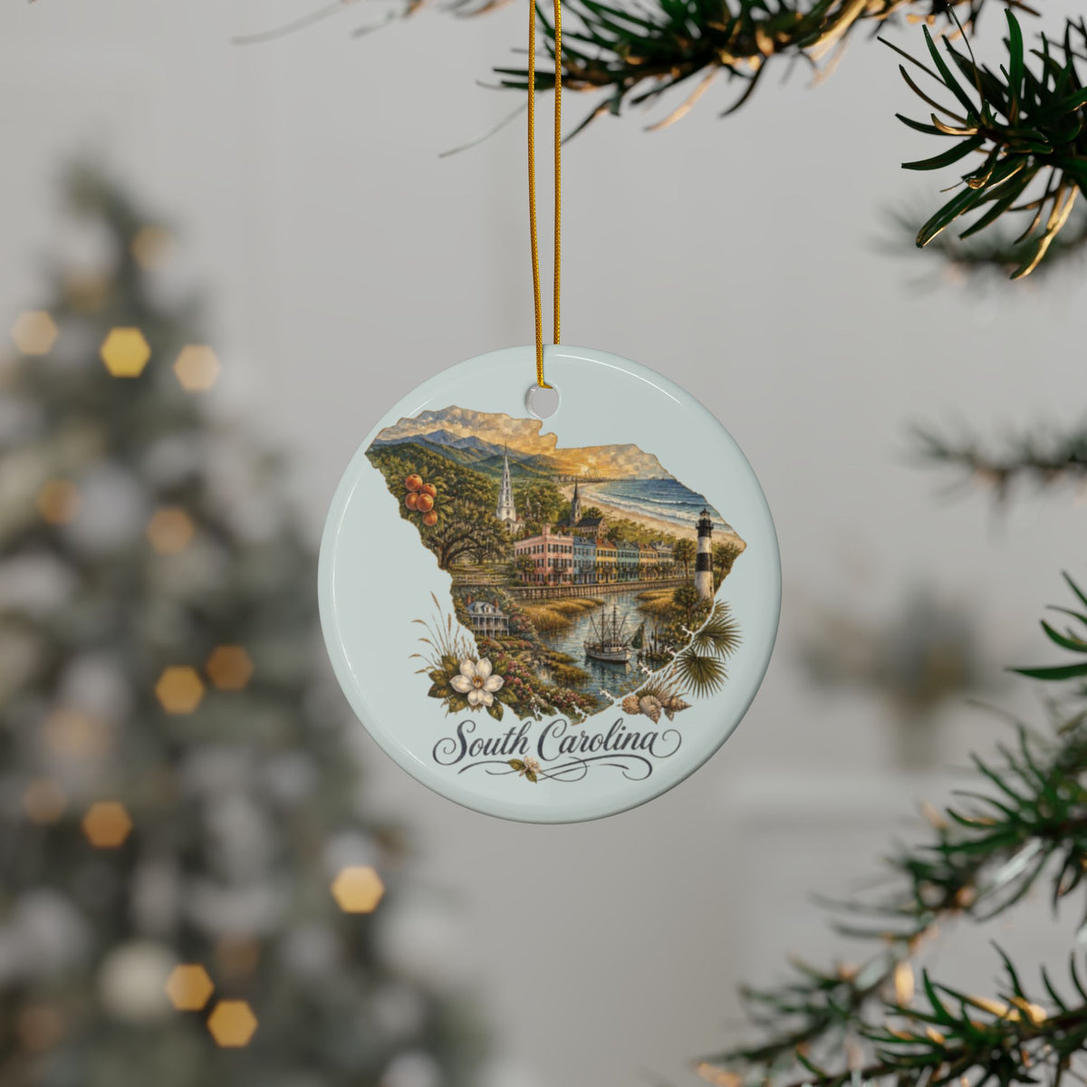 South Carolina State Map Ornament Ceramic Ornament | Two-Sided Printed State Souvenir - 2.99" Includes Gold String
