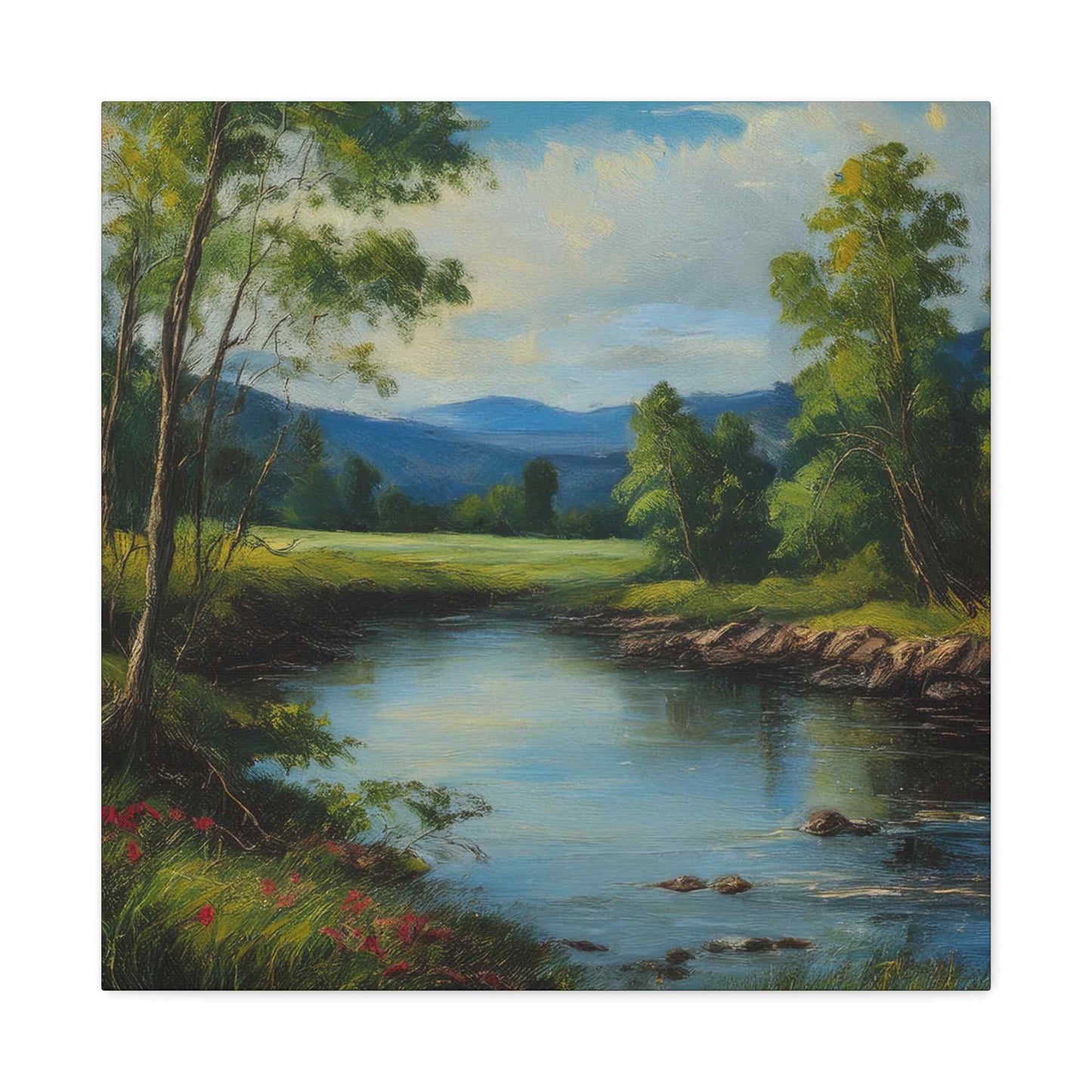 River Print Canvas, Landscape Oil Paint Print 20x20, 24x24, 30x30, 32x32, 36x36 Art Design Print Pine-Wood Inner Frame MC-53