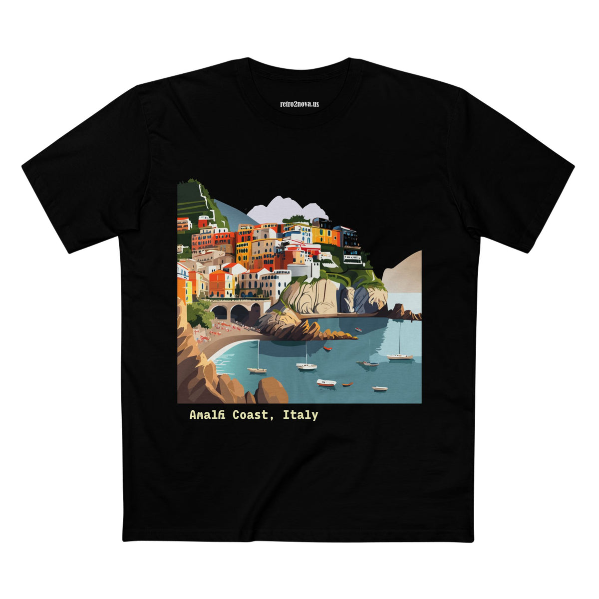 Amalfi Coast Italy illustration T-Shirt | Coastal village, sailboats, seaside print