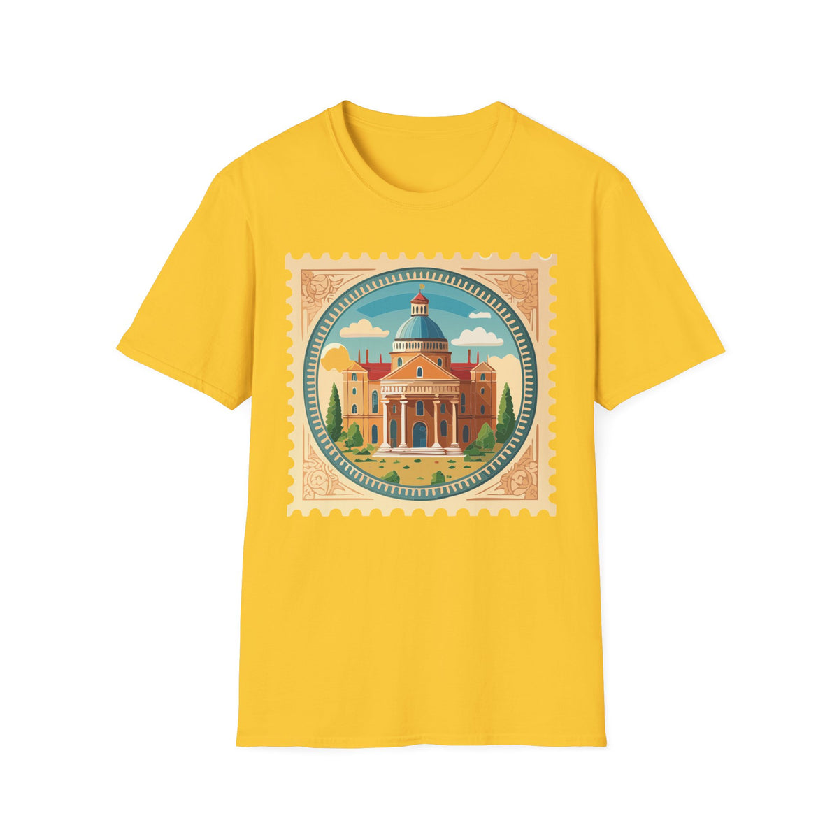 Vintage Postage Stamp Cityscape T-Shirt | Retro Basilica Graphic Tee Unisex 100 Cotton Gildan T-Shirt