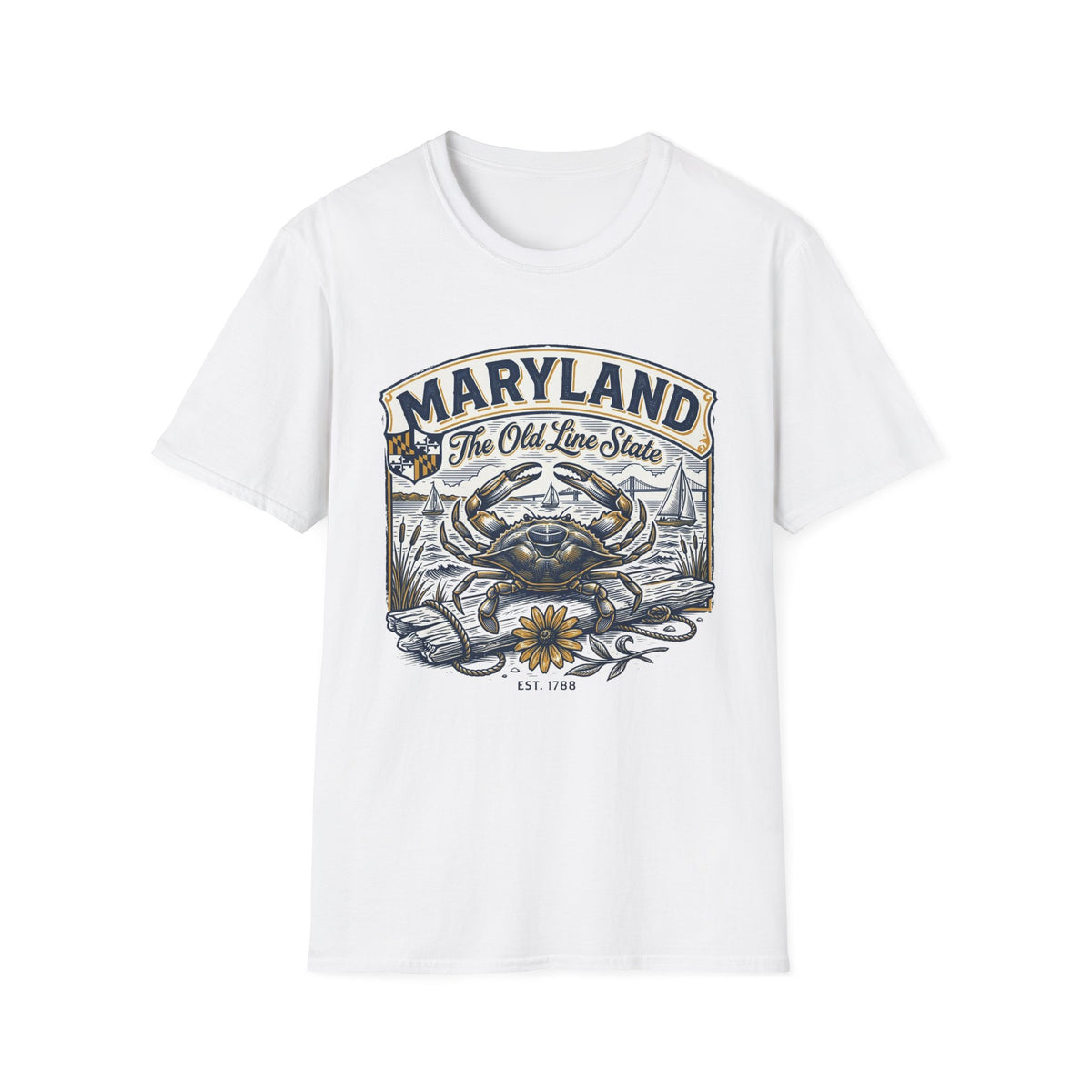 Maryland The Old Line State T-Shirt — Blue Crab Chesapeake Vintage Travel Tourist Graphic Design Unisex 100 Cotton Gildan T-Shirt