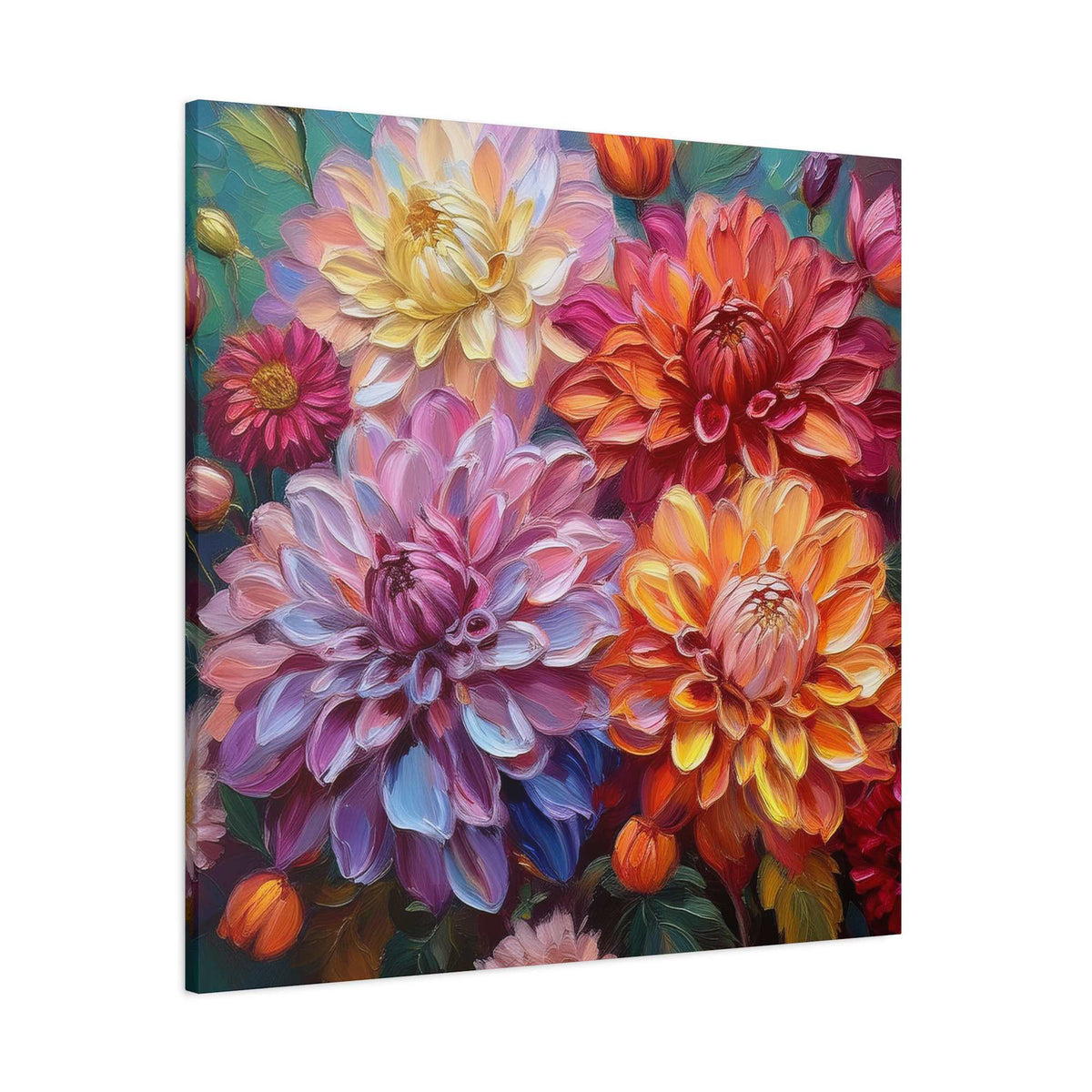 Dahlias Floral Print Canvas, Floral Oil Paint Print 20x20, 24x24, 30x30, 32x32, 36x36 Art Design Pine-Wood Inner Frame MC-167