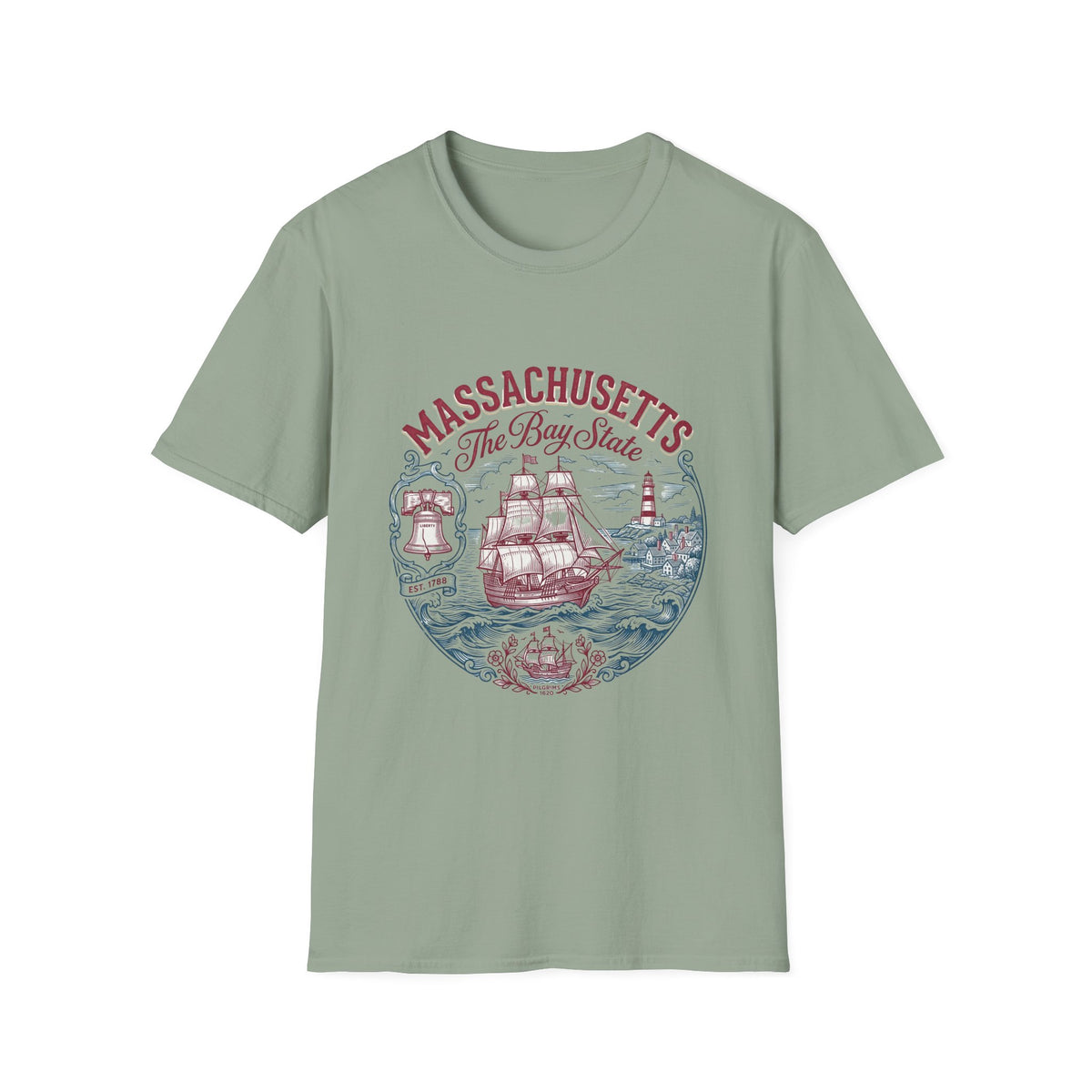 Massachusetts The Bay State T-Shirt – Vintage Nautical Ship Lighthouse Travel Tourist Graphic Design Unisex 100 Cotton Gildan T-Shirt