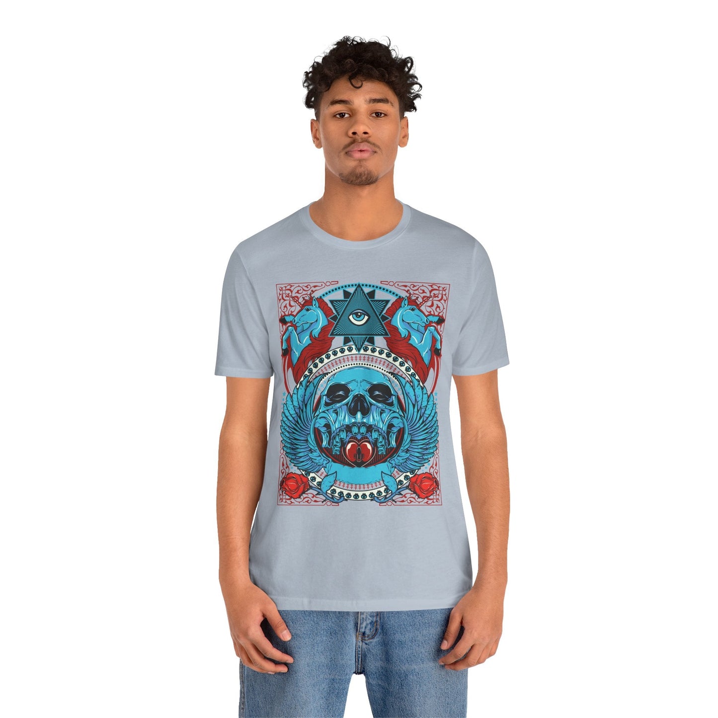 All-Seeing Skull Illustration Tee Winged Skull Third Eye Roses T-Shirt