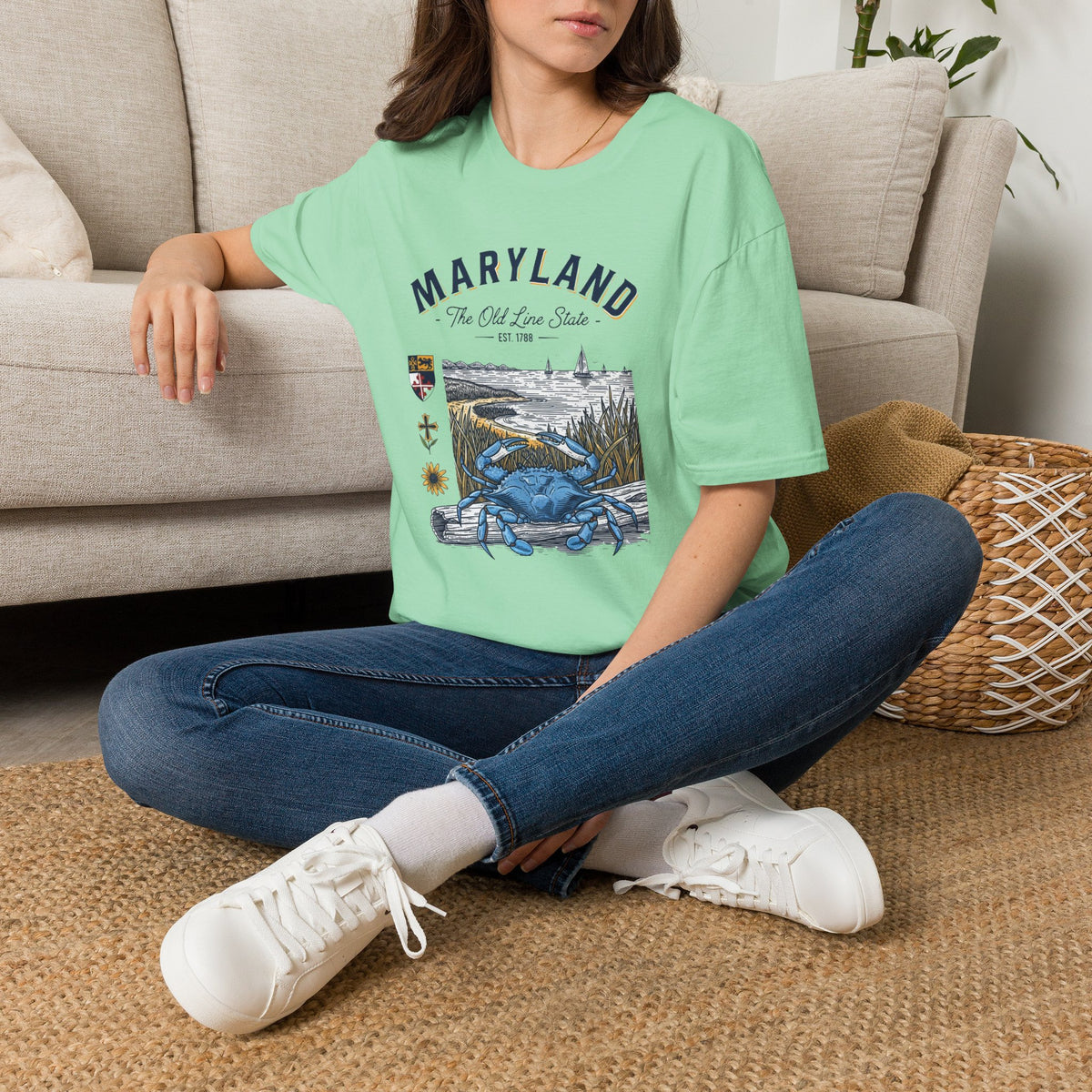 Maryland Blue Crab Scenic T-Shirt — The Old Line State Coastal Design Travel Tourist Graphic Design Unisex 100 Cotton Gildan T-Shirt
