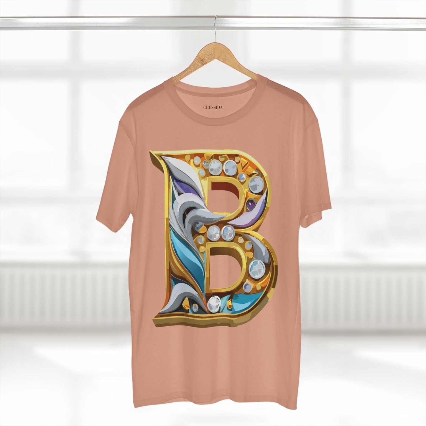 Letter B Graphic Design Tee Unisex 100 Cotton With Antique Gold Letters Artwork T-Shirt
