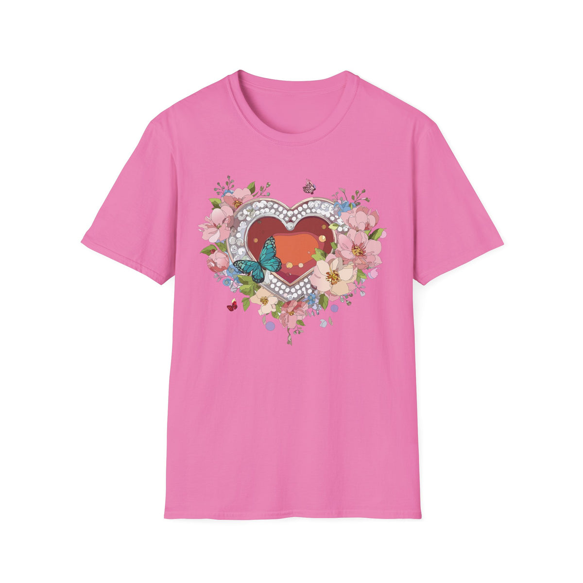 Heart with Floral Wreath and Butterfly T-Shirt | Romantic Floral Tee