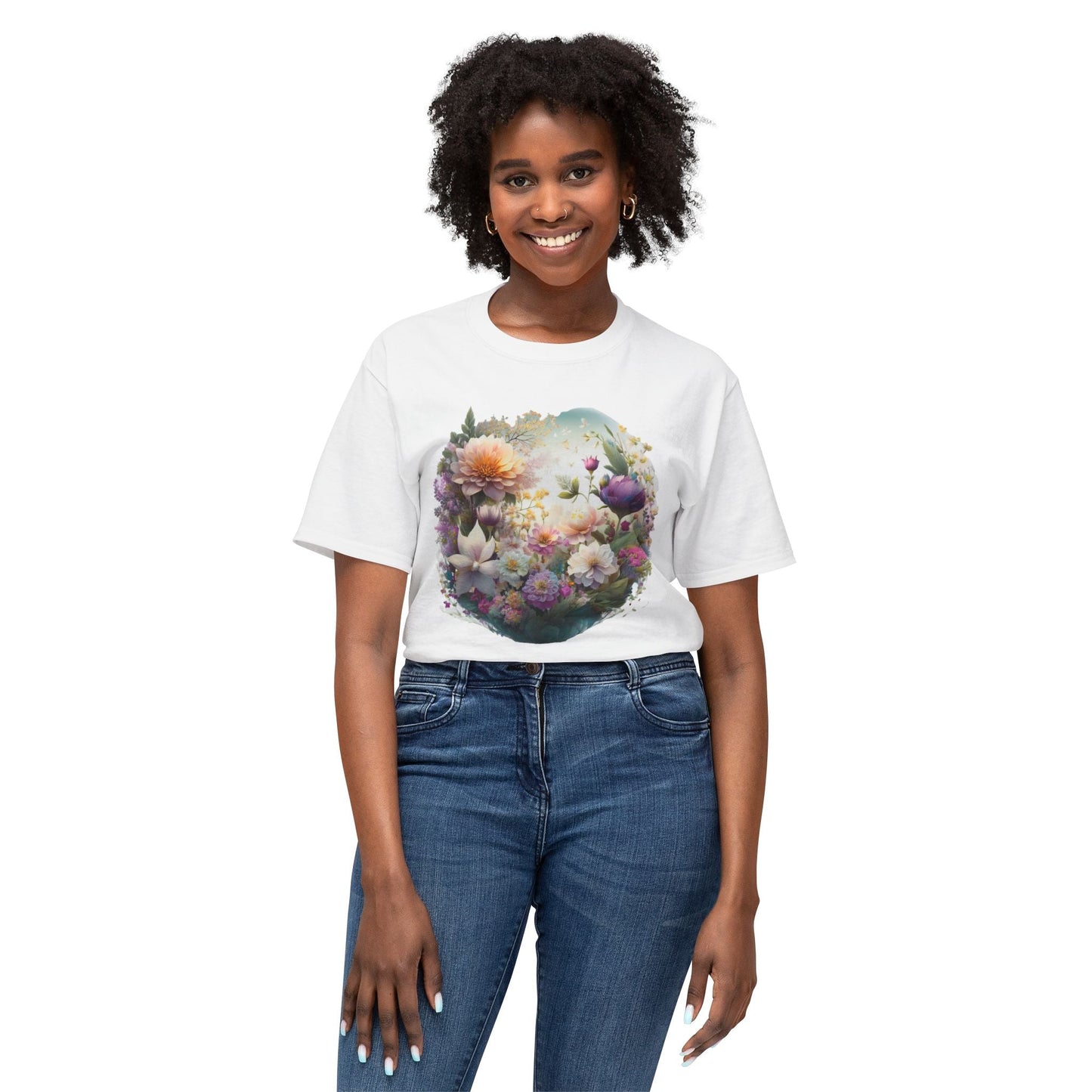 Unisex Floral Art T Shirt With Vintage Flower Print On 100 Percent HD Cotton Tee Made In USA