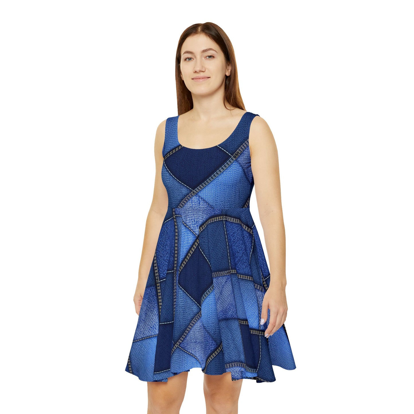 Women Denim Print Skater Dress, Denim Print Poly-Span Dress - 22