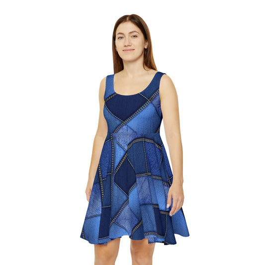 Women Denim Print Skater Dress, Denim Print Poly-Span Dress - 22