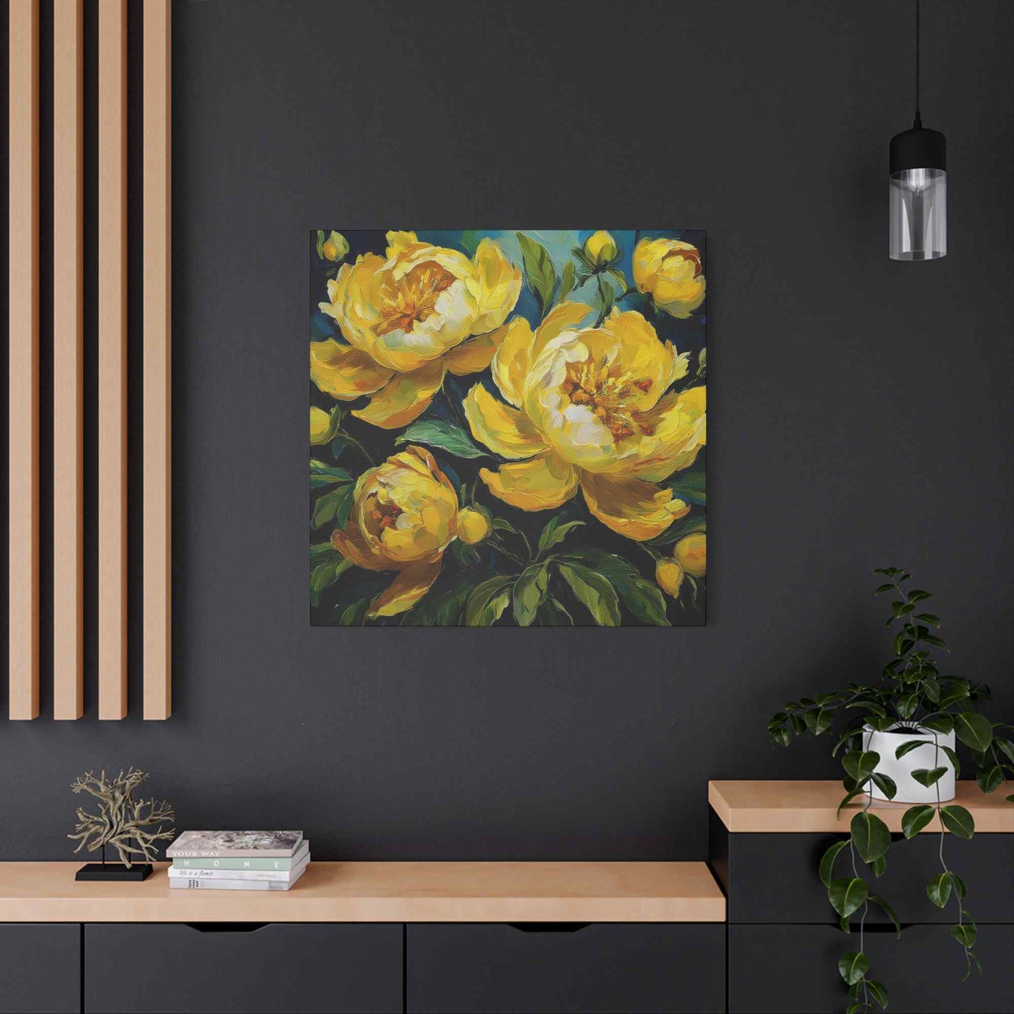 Yellow Peonies Print Canvas, Floral Oil Paint Print 20x20, 24x24, 30x30, 32x32, 36x36 Art Design Pine-Wood Inner Frame MC-121
