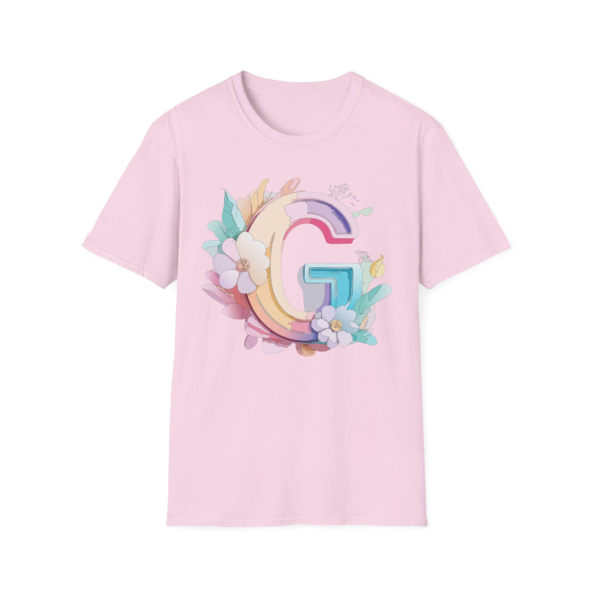 Floral Letter G T-Shirt | Monogram Initial Tee, Pastel Rainbow Blooms