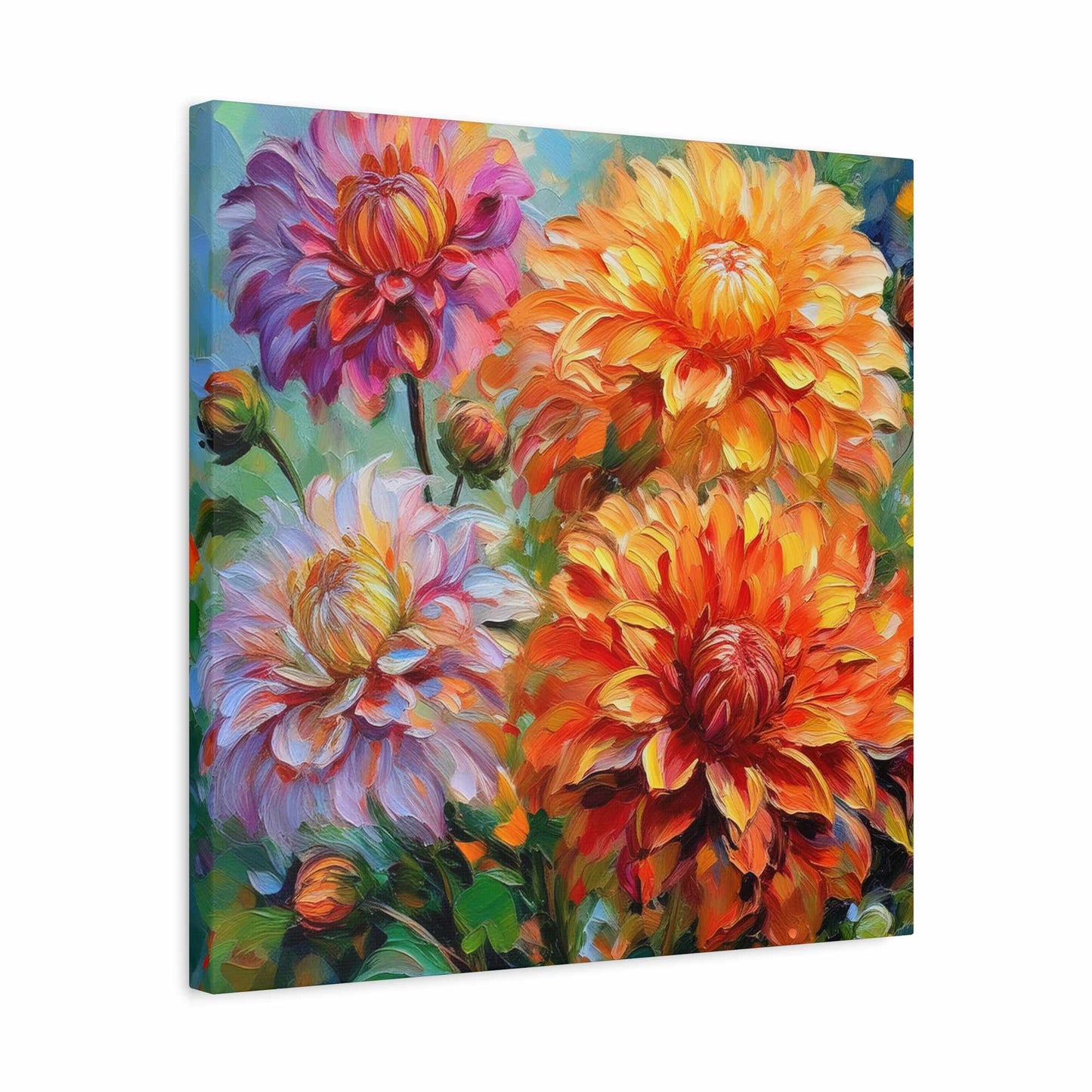 Dahlias Floral Print Canvas, Floral Oil Paint Print 20x20, 24x24, 30x30, 32x32, 36x36 Art Design Pine-Wood Inner Frame MC-166