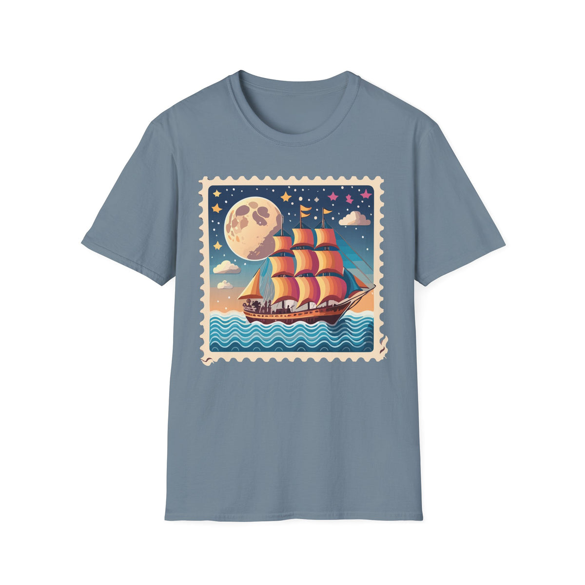 Vintage Sailboat Moon Illustration T-Shirt | Nautical Night Sky