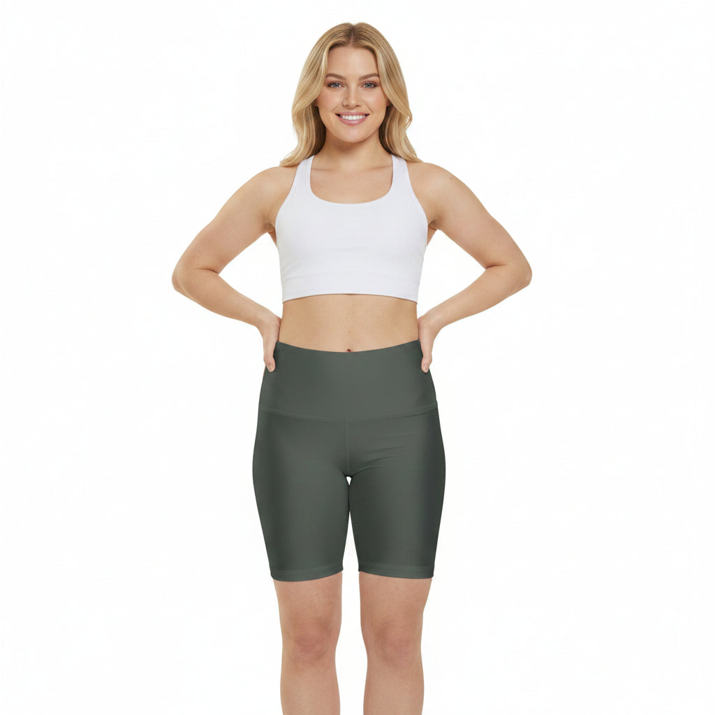 Ebony Dark Olive Women's Workout Shorts — High-Waist Olive Bike Shorts for Yoga & Training