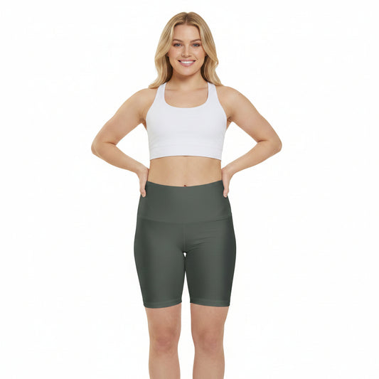 Ebony Dark Olive Women's Workout Shorts — High-Waist Olive Bike Shorts for Yoga & Training