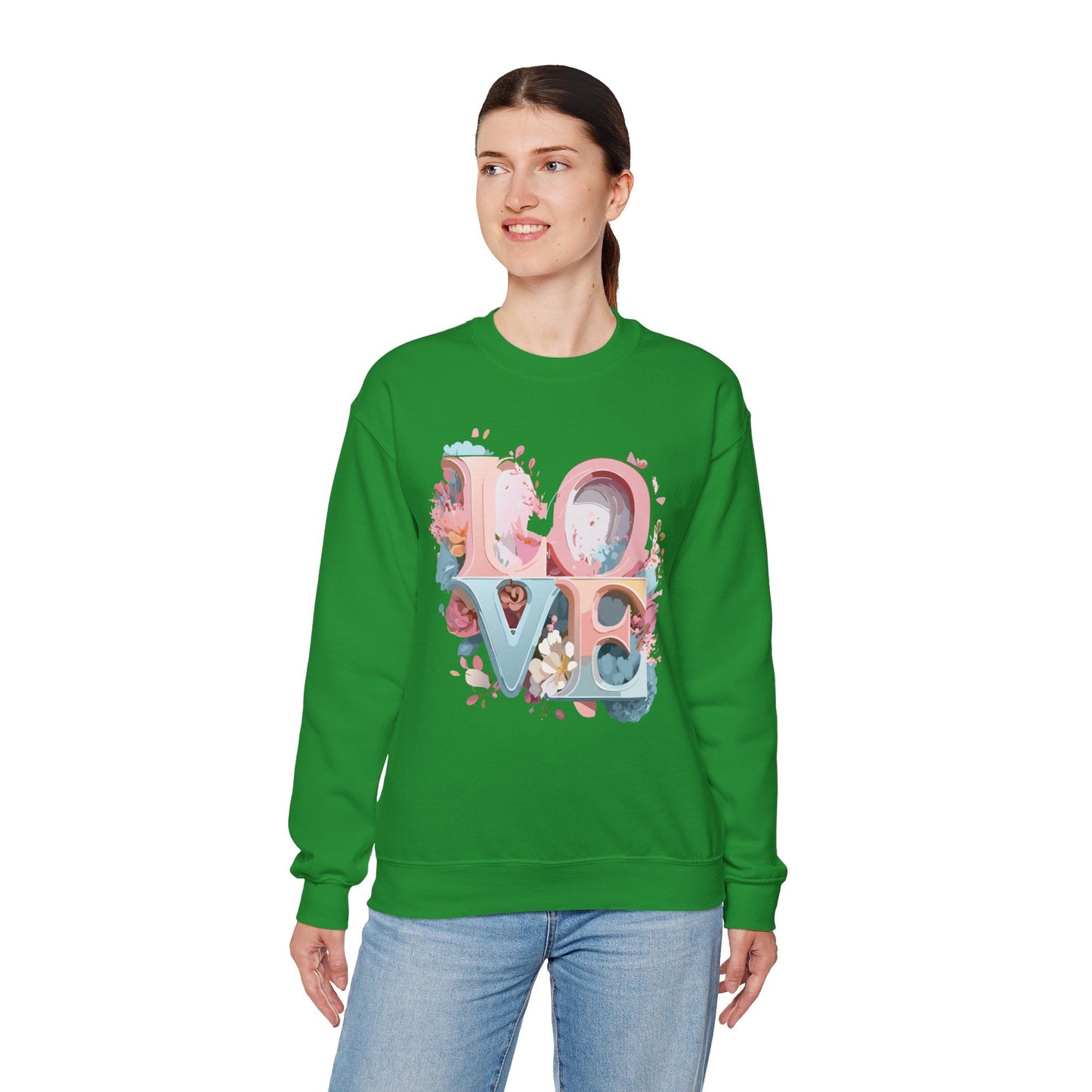 Floral Love Sweatshirt Unisex Crewneck Valentine Day Gift Gildan 18000 Fifty Fifty Cotton Blend