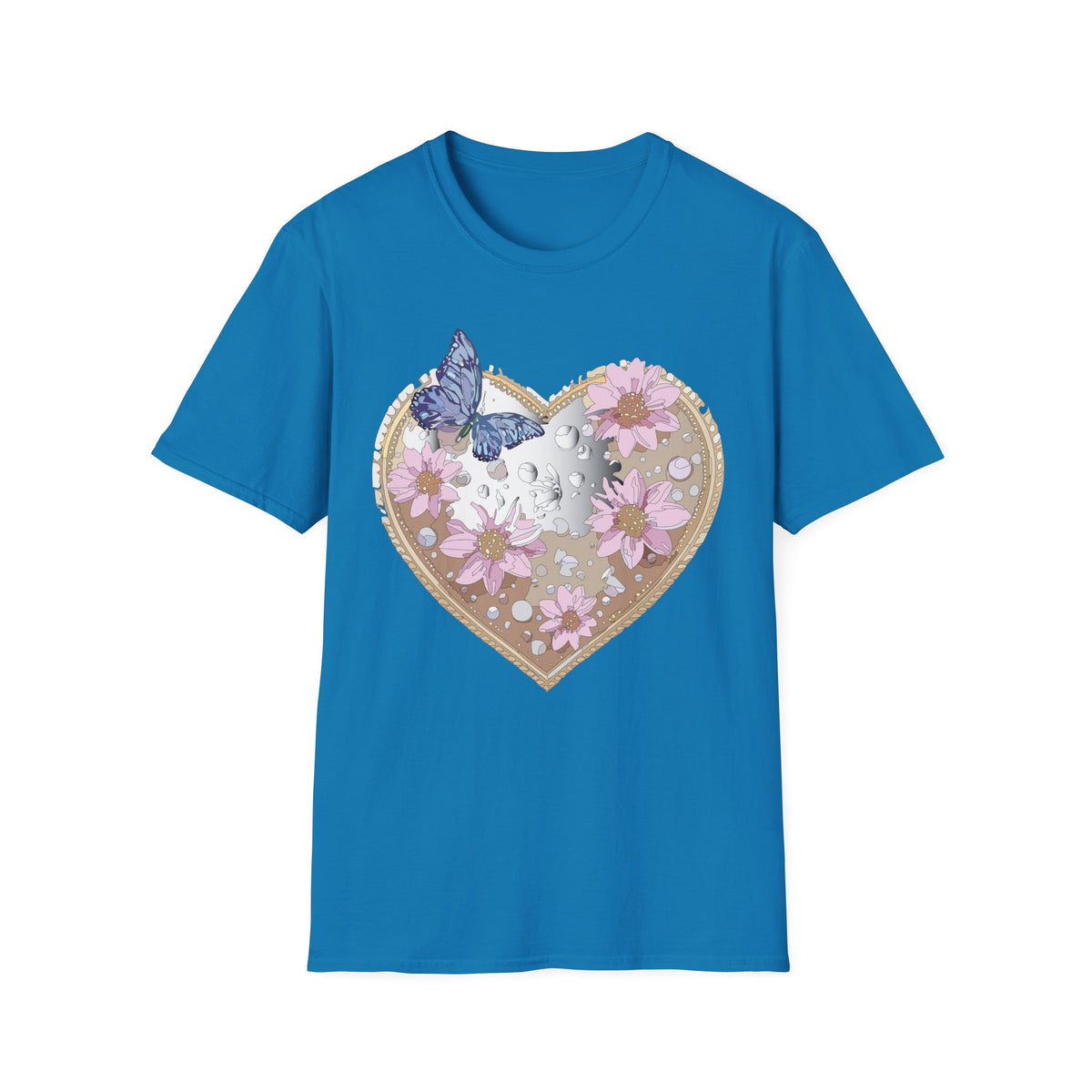 Floral Heart with Butterfly T-Shirt | Pink Flowers, Moon Phases Graphic Tee Unisex 100 Cotton Gildan T-Shirt