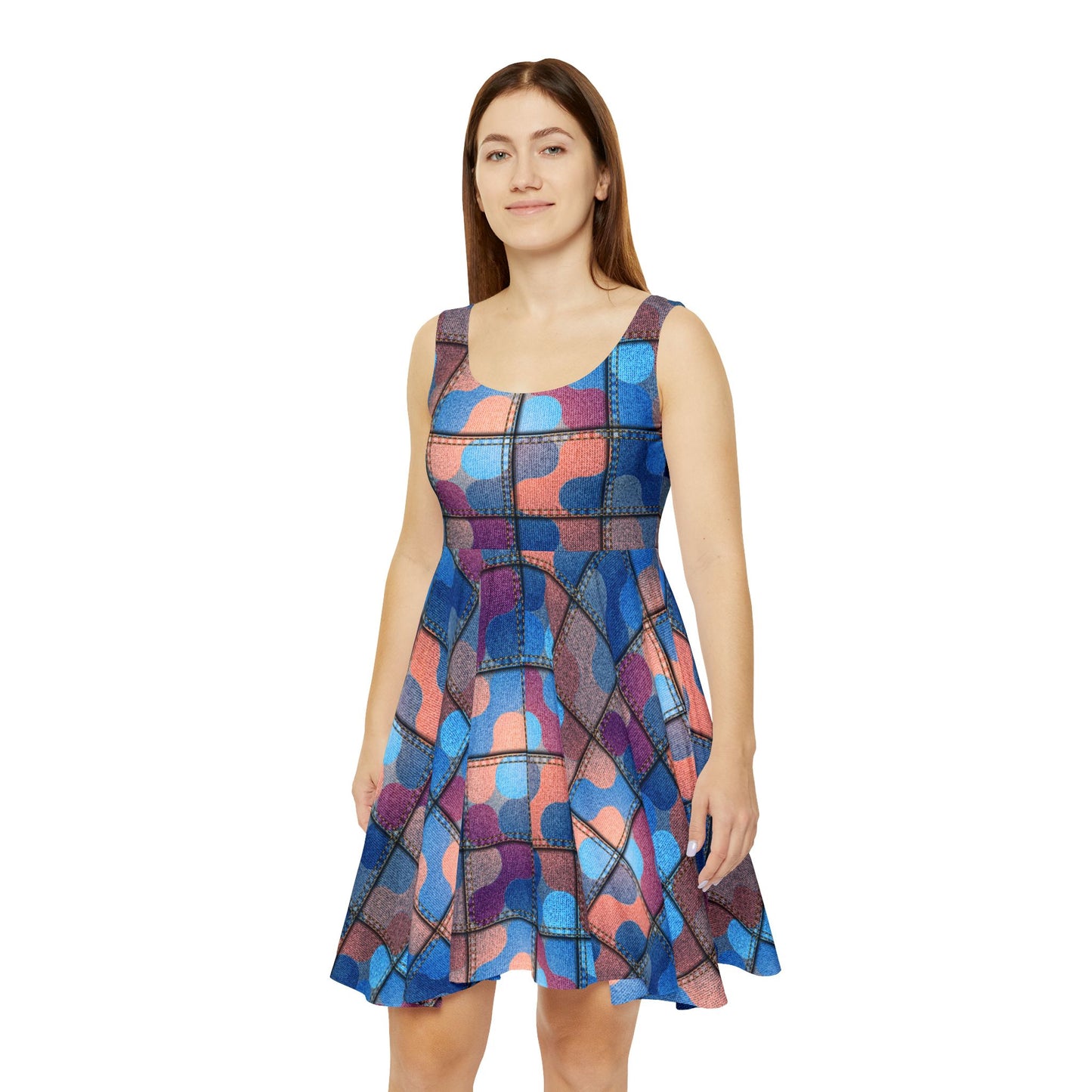 Women Denim Print Skater Dress, Denim Print Poly-Span Dress - 16