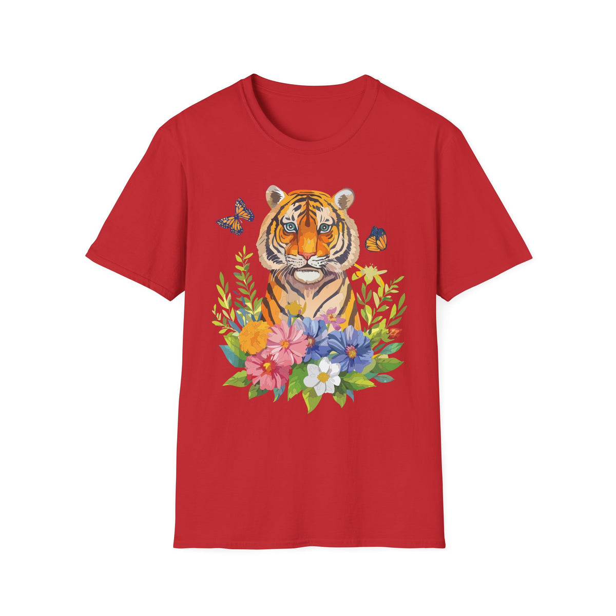 Tiger Portrait T-Shirt | Watercolor Tiger with Butterflies and Floral Accents Graphic Tee Unisex 100 Cotton Gildan T-Shirt