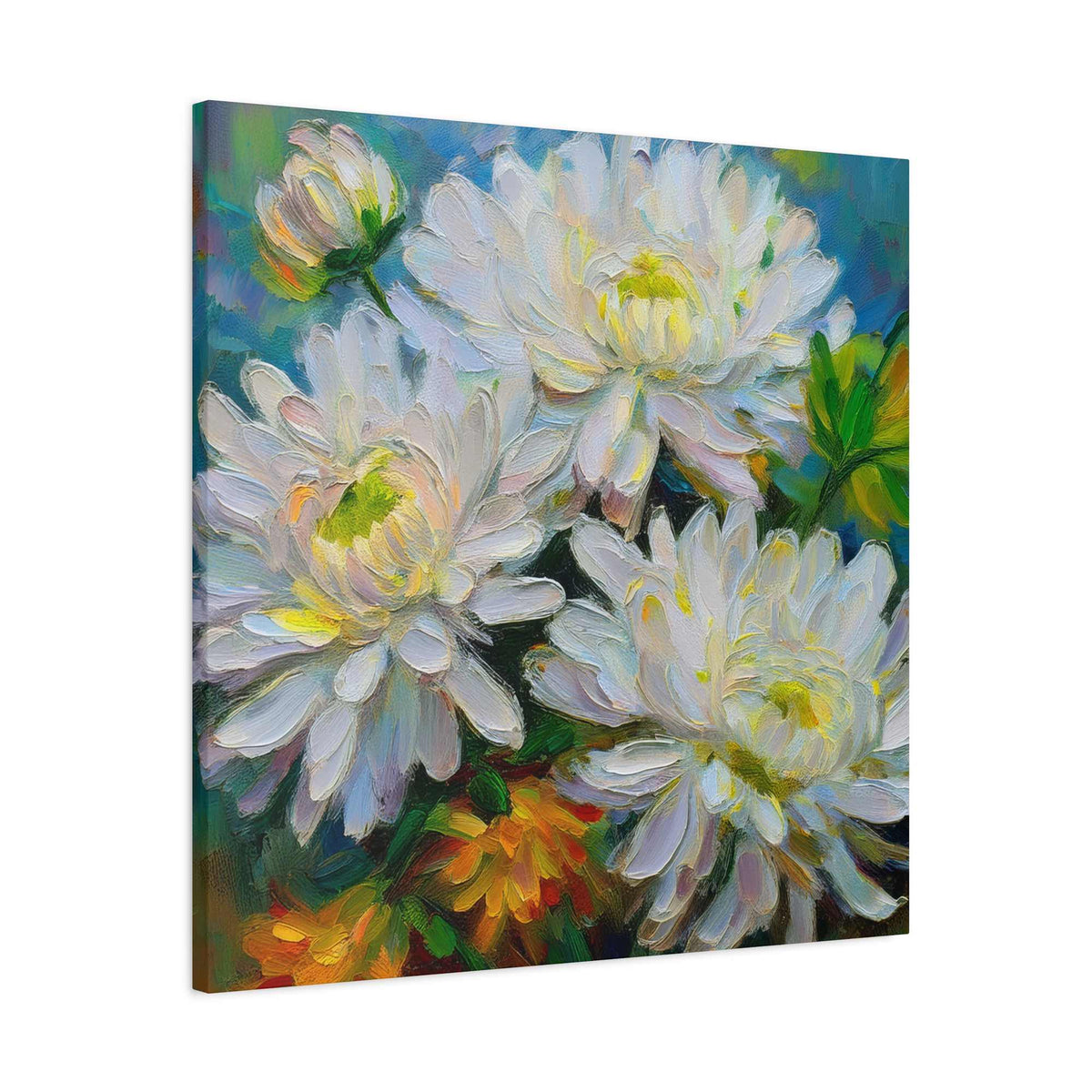 Chrysanthemums Print Canvas, Floral Oil Paint Print 20x20, 24x24, 30x30, 32x32, 36x36 Art Design Pine-Wood Inner Frame MC-161
