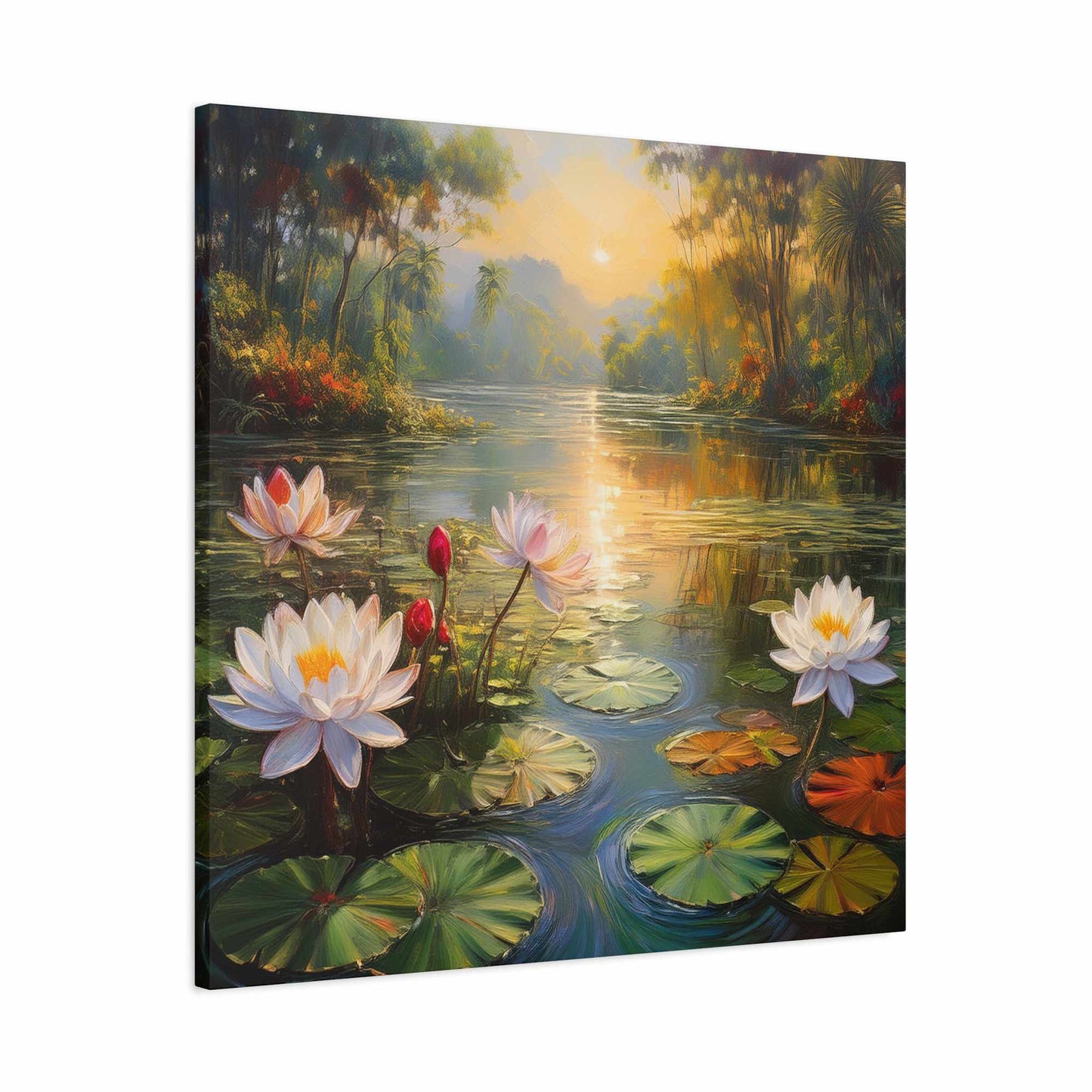 Water Lilies Print Canvas, Oil Paint Print 20x20, 24x24, 30x30, 32x32, 36x36 Floral Art Print Pine-Wood Inner Frame MC-65