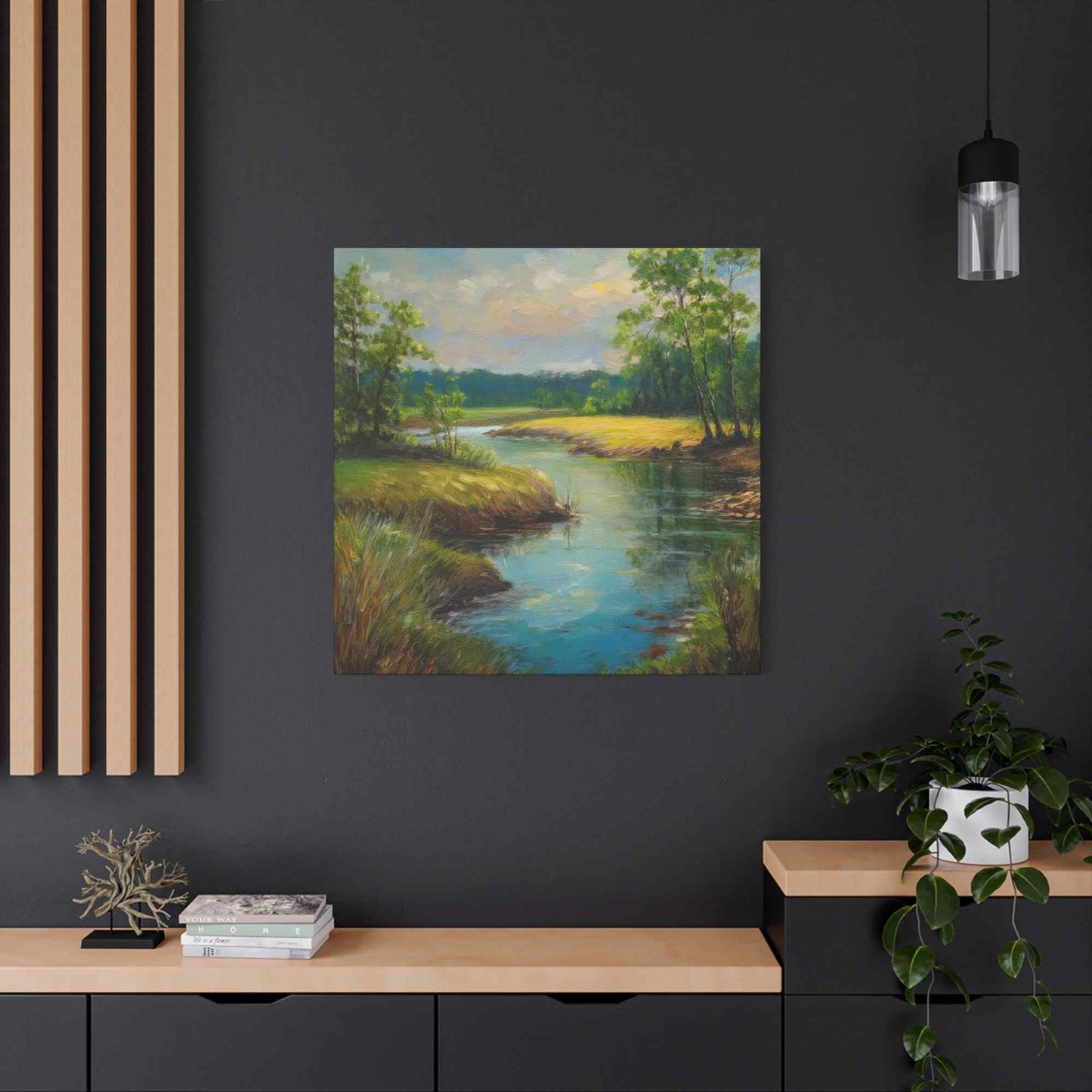 River Print Canvas, Landscape Oil Paint Print 20x20, 24x24, 30x30, 32x32, 36x36 Art Design Print Pine-Wood Inner Frame MC-55