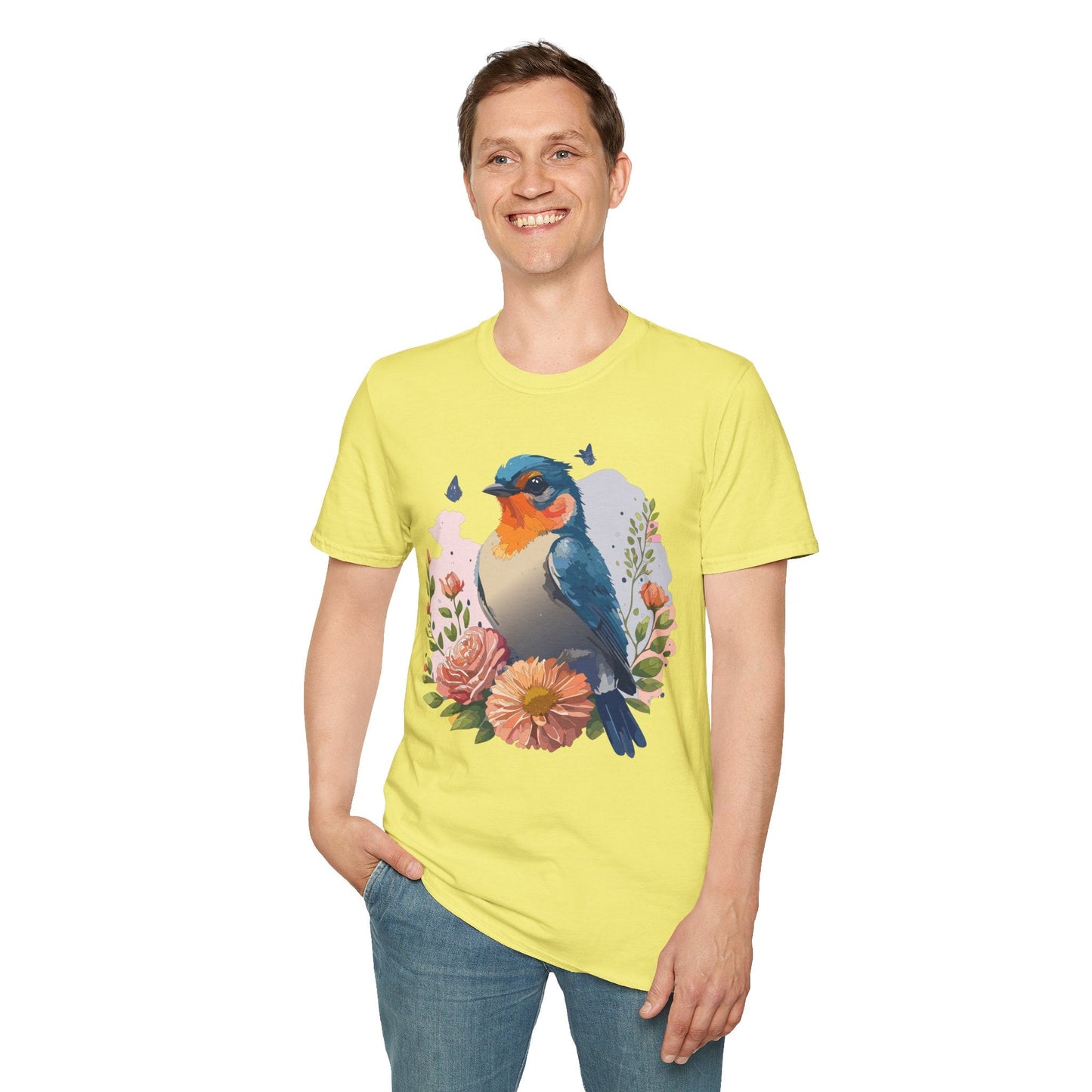 Bird T Shirt Floral Design Unisex Gildan Softstyle 64000 Ring Spun Cotton Tee Breathable Wear
