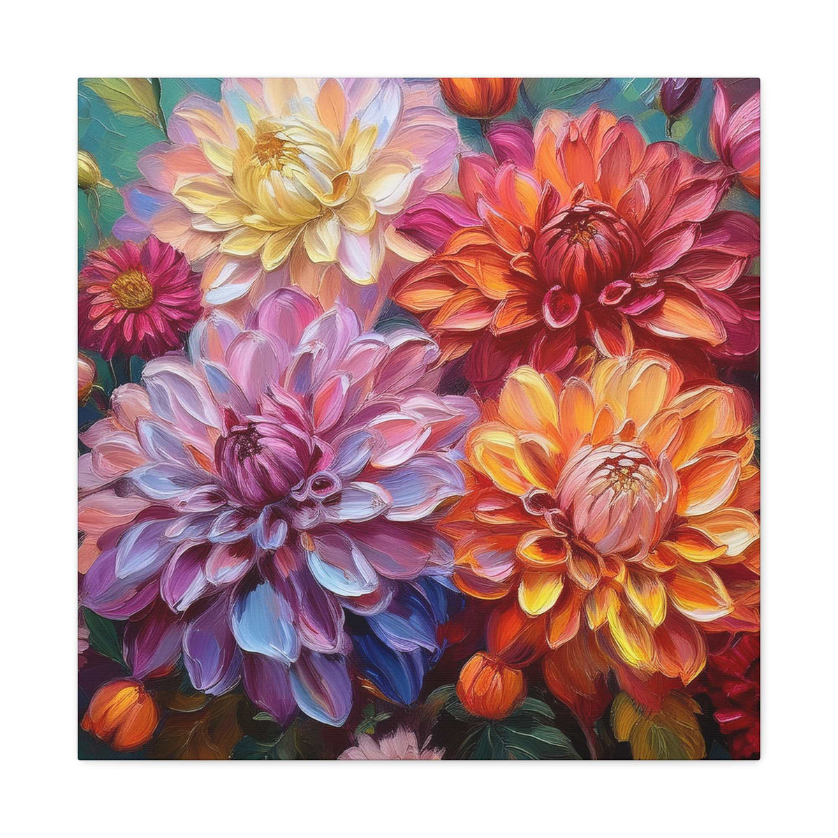 Dahlias Floral Print Canvas, Floral Oil Paint Print 20x20, 24x24, 30x30, 32x32, 36x36 Art Design Pine-Wood Inner Frame MC-167