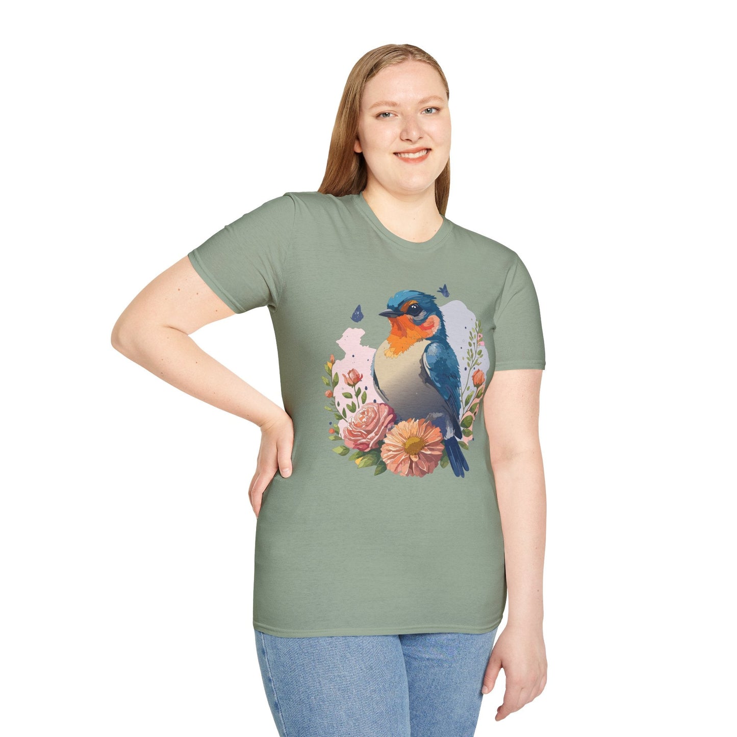 Bird T Shirt Floral Design Unisex Gildan Softstyle 64000 Ring Spun Cotton Tee Breathable Wear