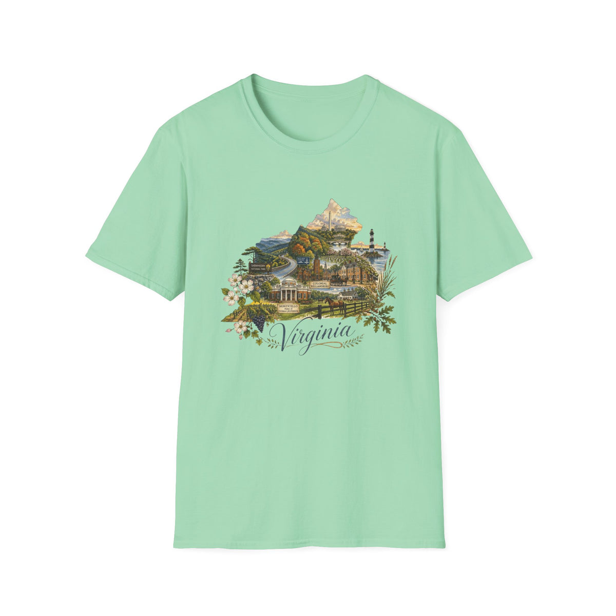 Virginia State Scenic T-Shirt — Vintage Mountains & Coastal Landmarks Travel Tourist Graphic Design Unisex 100 Cotton Gildan T-Shirt