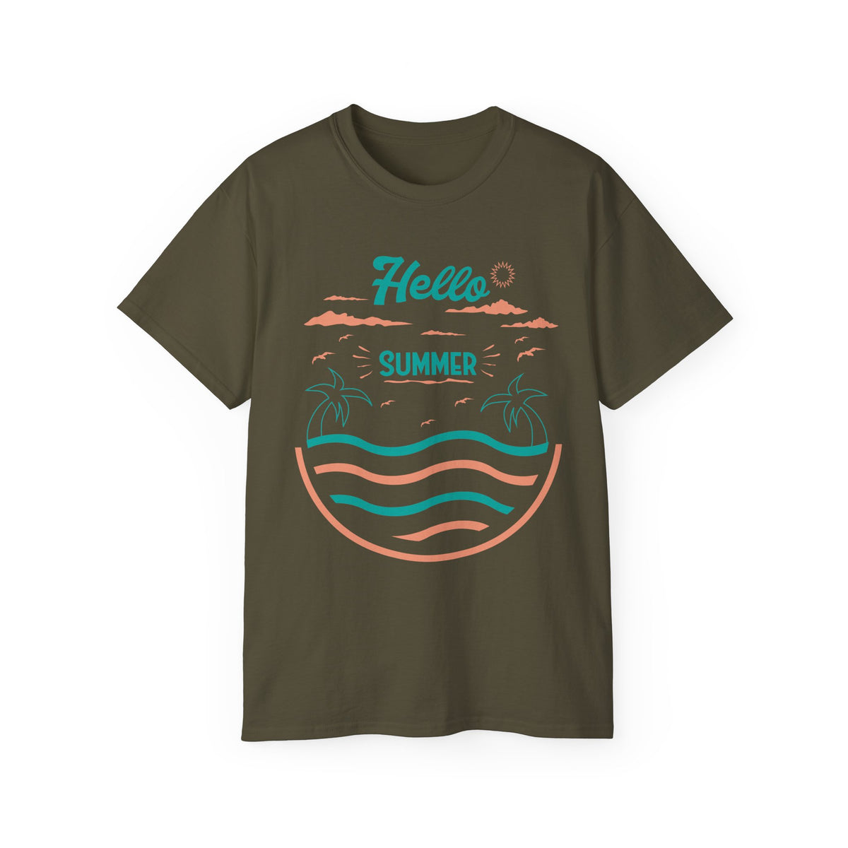 Hello Summer Beach Waves T-Shirt | Palm Tree Sunset Tee