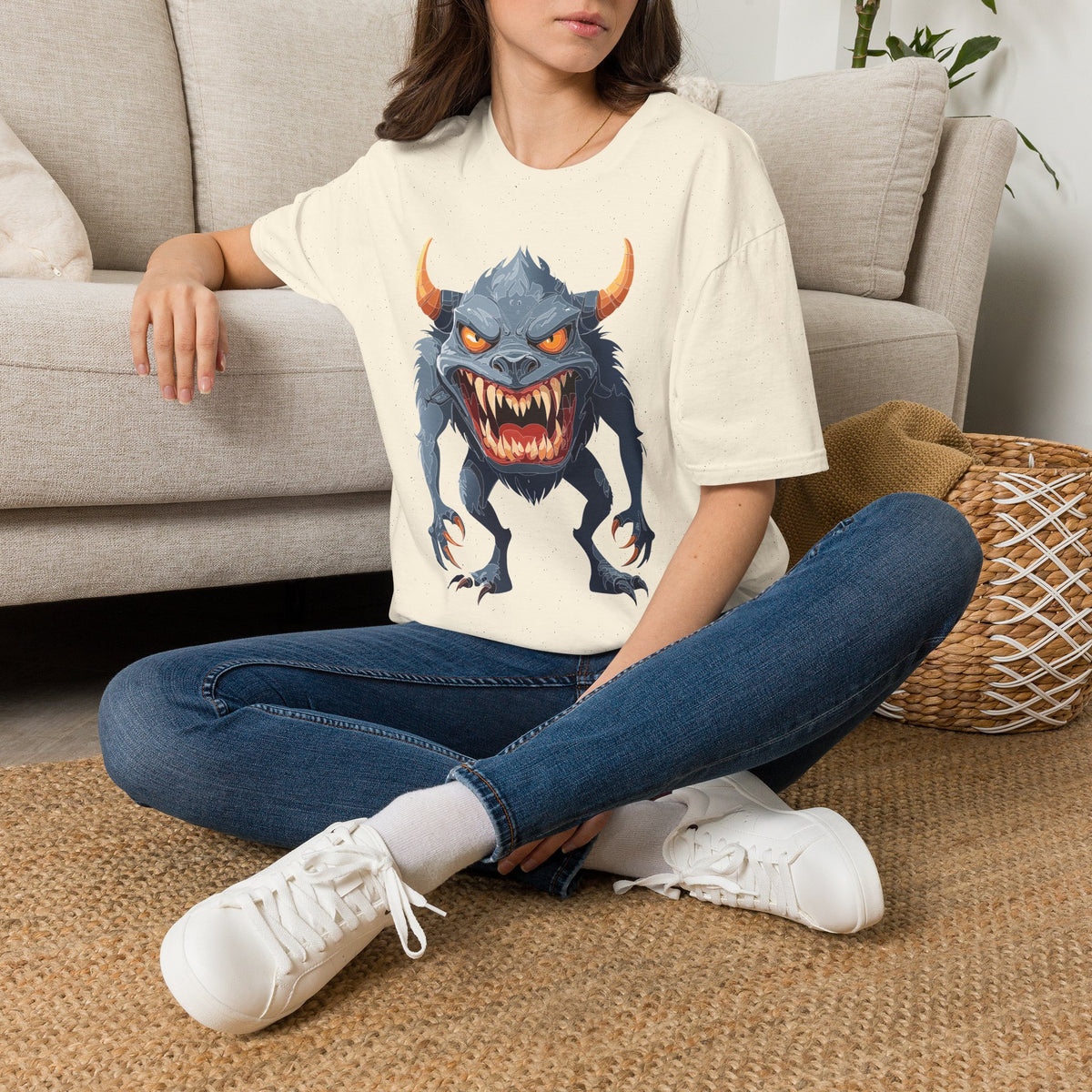 Demonic Monster Graphic T-Shirt — Fierce Horned Creature Cartoon Graphic Tee Unisex 100 Cotton Gildan T-Shirt