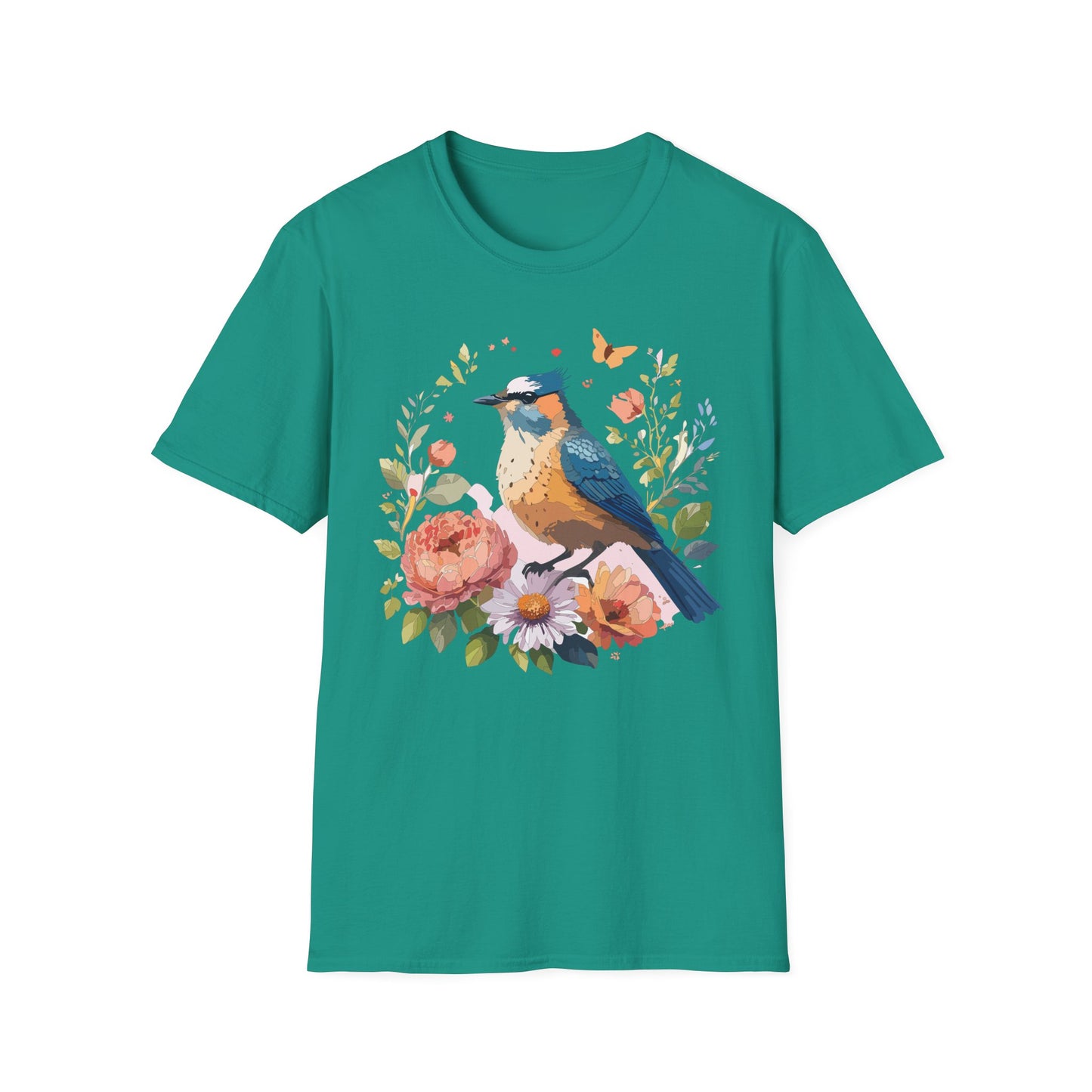 Floral Bluebird T-Shirt Unisex Cotton Short Sleeves Tee Shirt with Bird 3