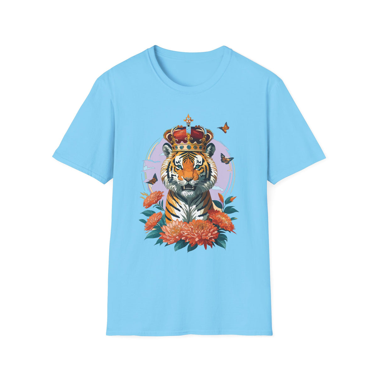 Tiger with Crown T-Shirt | Regal Tiger Artwork, Floral Accents - Unisex 100 Cotton Gildan 64000