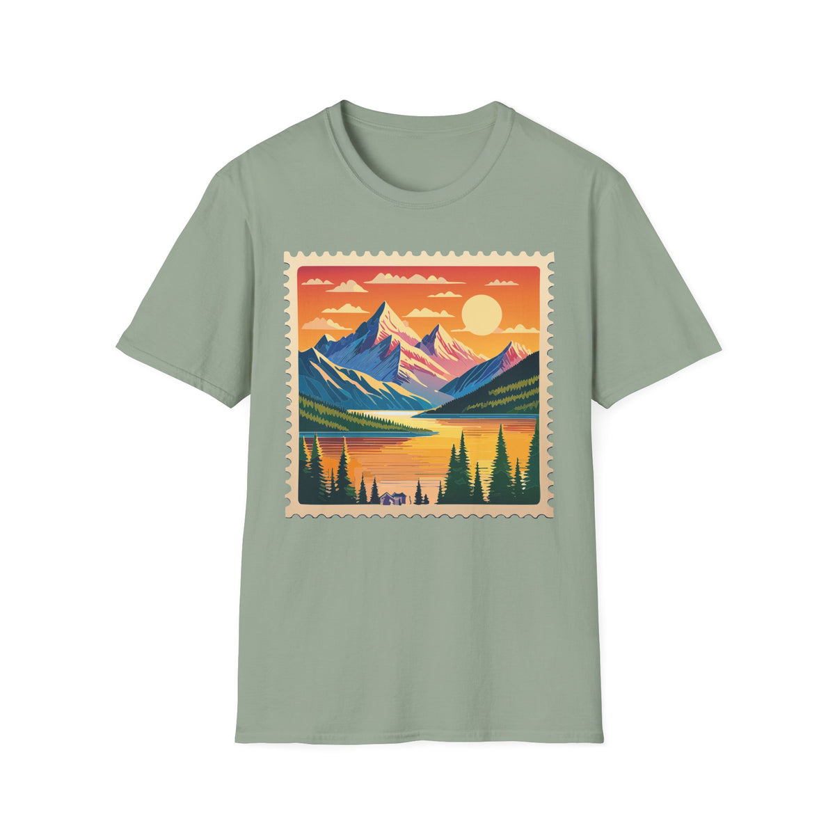 Sunset Mountain Landscape T-Shirt | Vintage Stamp Style