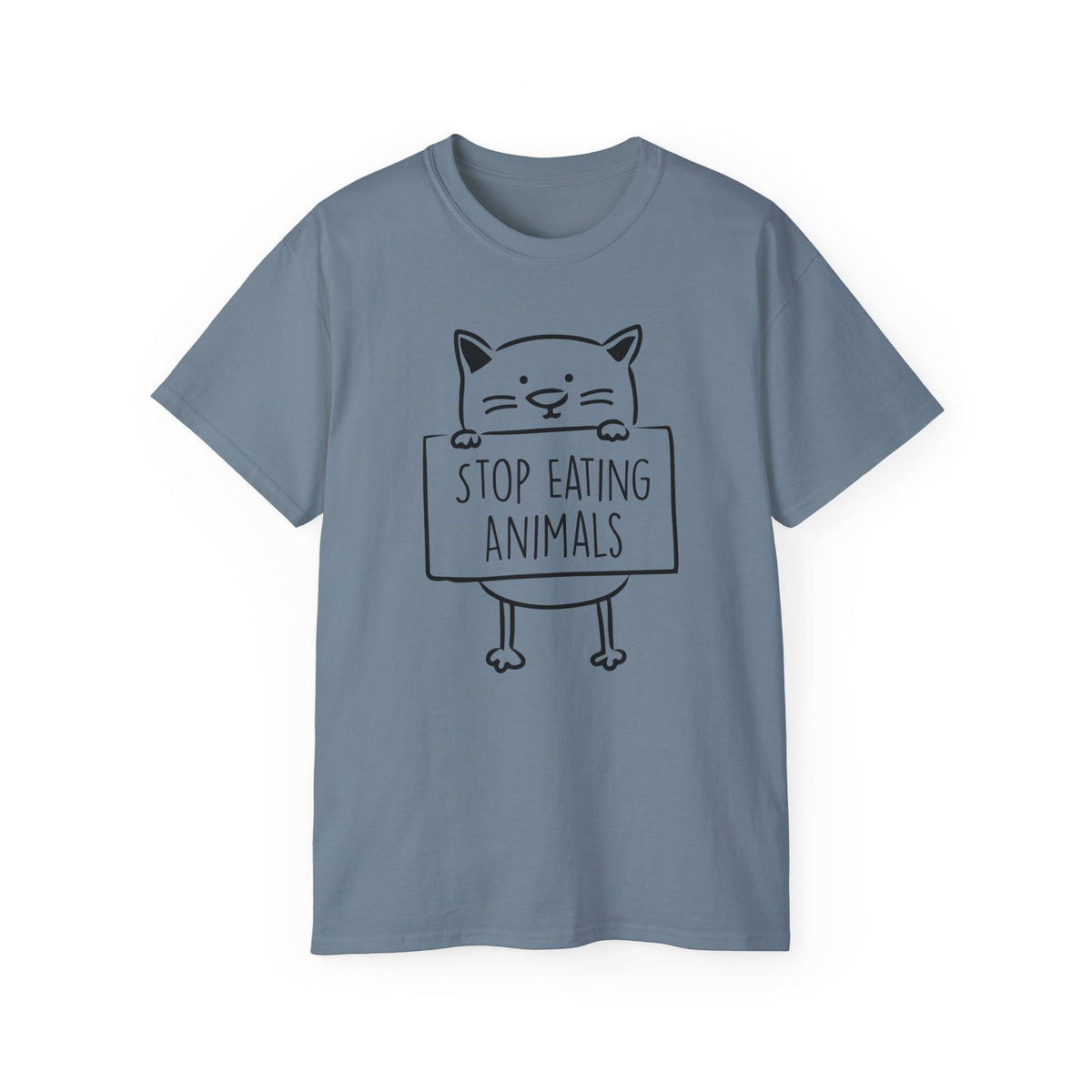 Cat Holding Sign Stop Eating Animals T-Shirt | Vegan Animal Rights Tee