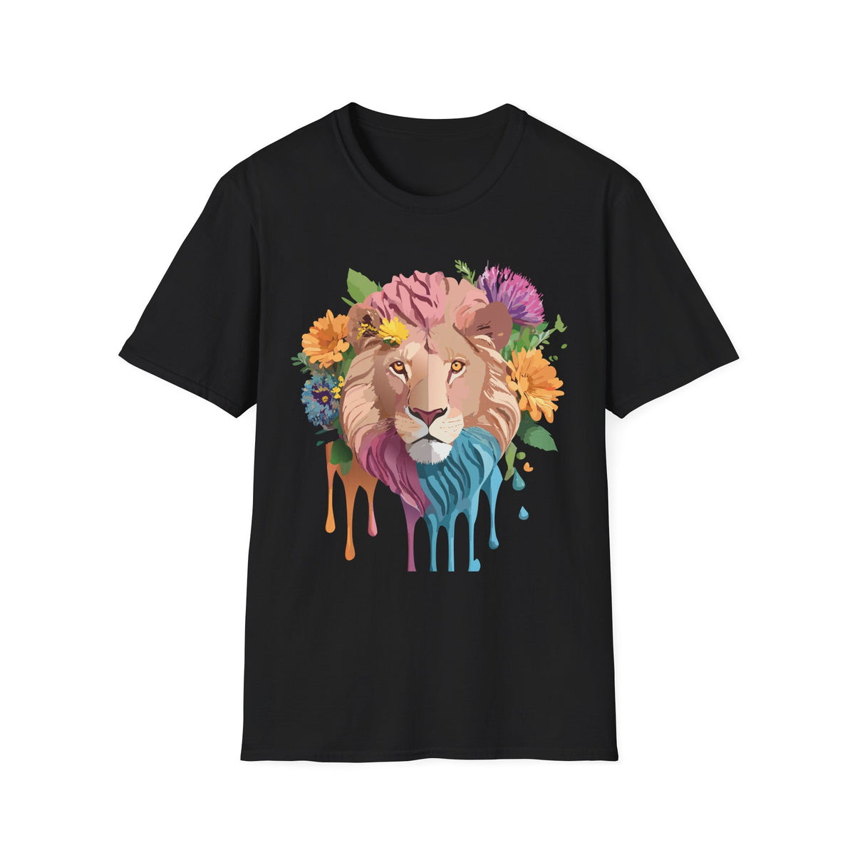 Floral Lion Portrait T-Shirt | Colorful Drip Mane Tee