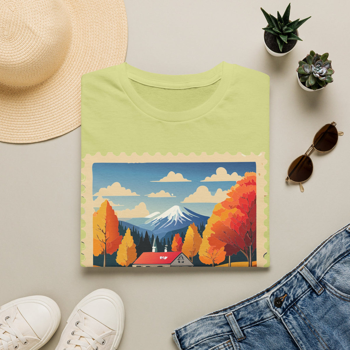 Autumn Mountain Cabin T-Shirt | Fall Landscape Stamp Art