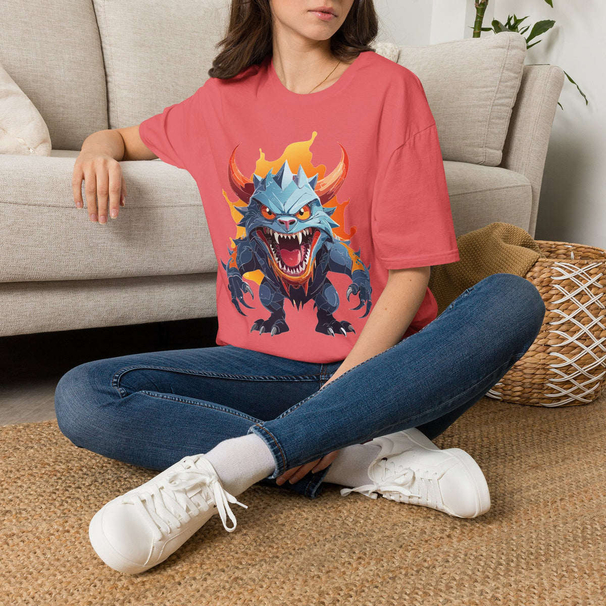 Monster Dragon T-Shirt — Fierce Fire-Breathing Creature Cartoon Graphic Tee Unisex 100 Cotton Gildan T-Shirt