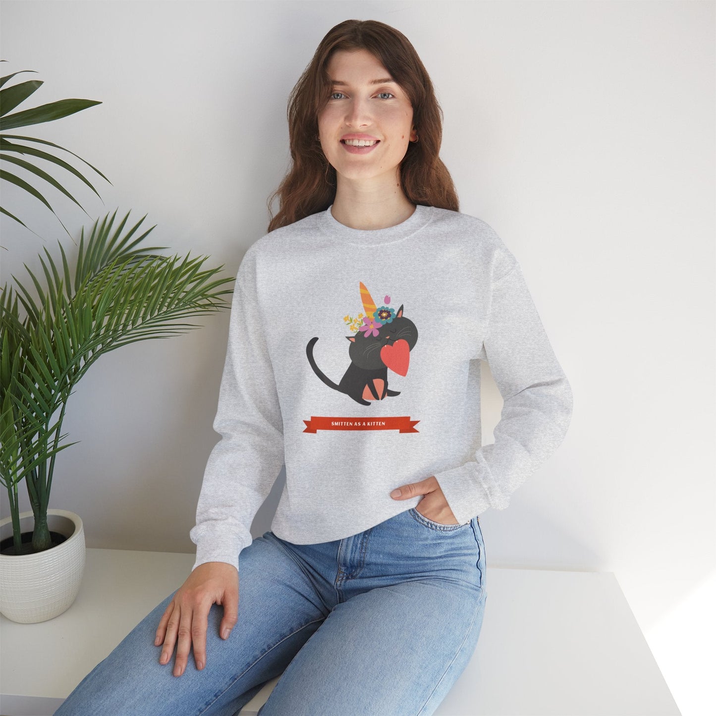 Cat Heart Sweatshirt Unisex Valentine Gift 50/50 Cotton-Poly Crewneck Gildan 18000
