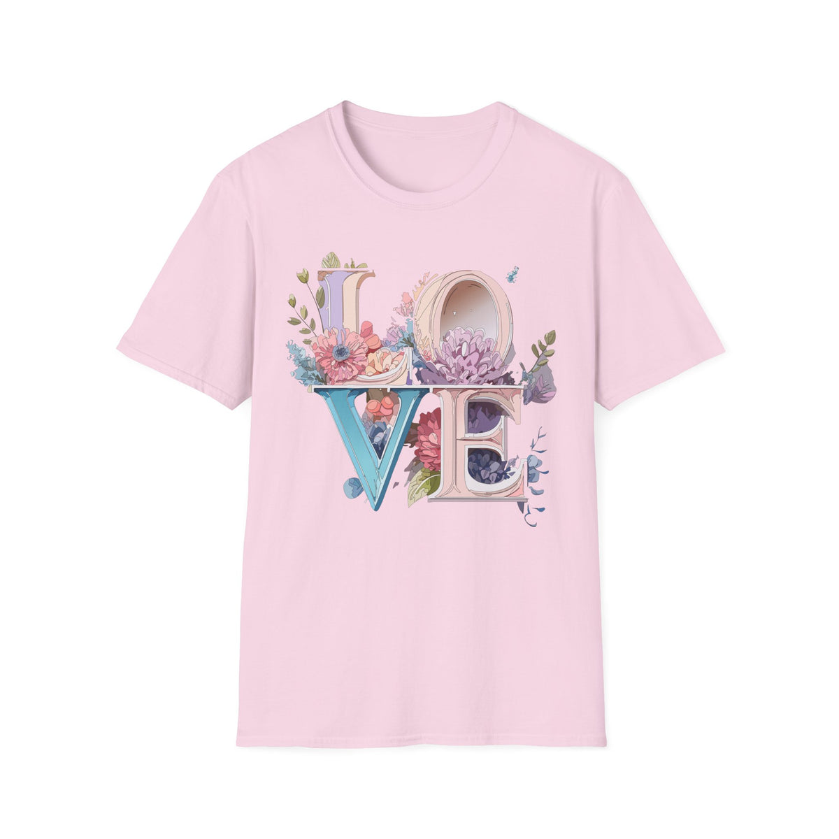 Floral LOVE Typography T-Shirt | Botanical Letter Art, Pastel Bloom Design