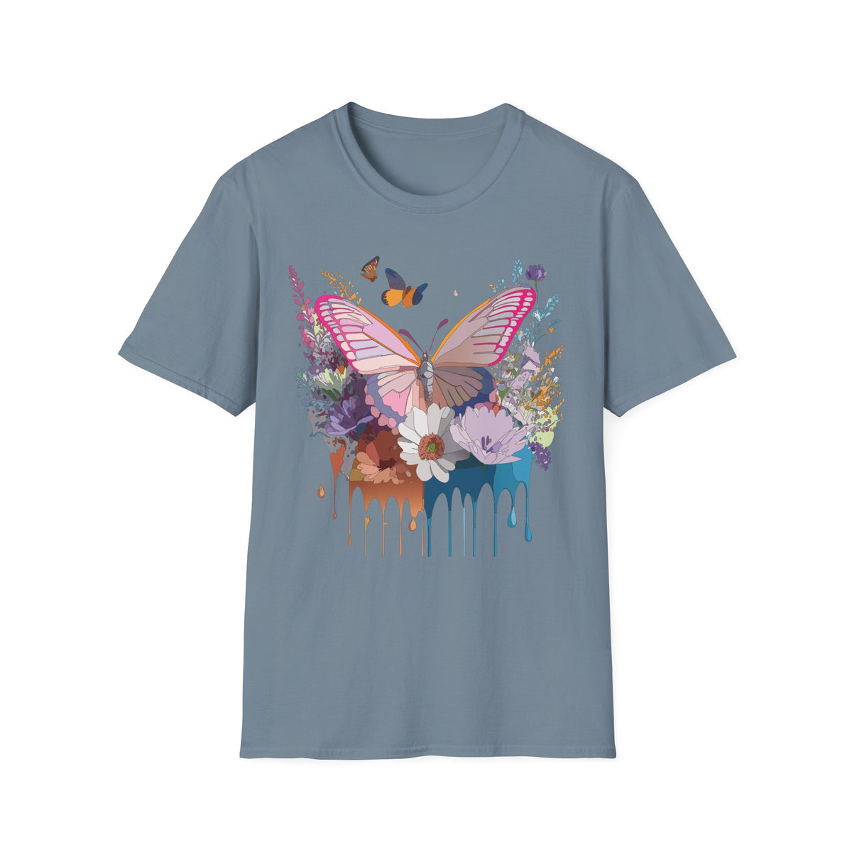 Butterfly Floral T-Shirt — Colorful Drip Wings Graphic Tee Unisex 100 Cotton Gildan T-Shirt