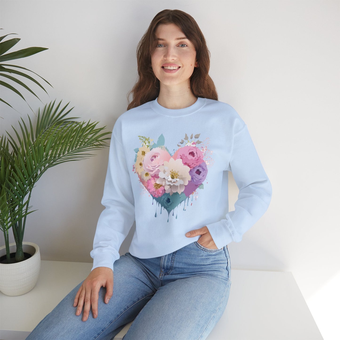 Floral Heart Unisex Crewneck Sweatshirt With Floral Love Valentines Day Design Premium Heavy Blend