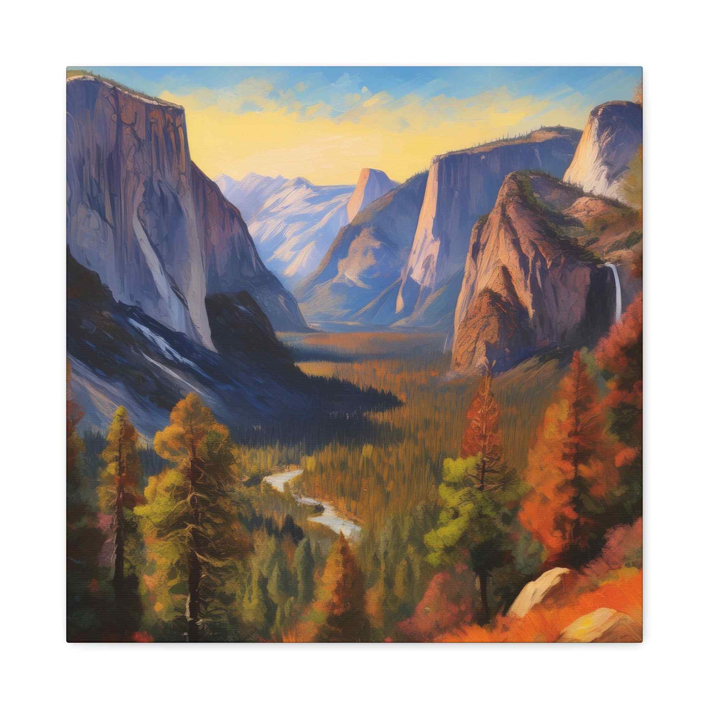 Yosemite Valley Print Canvas, Oil Paint Print 20x20, 24x24, 30x30, 32x32, 36x36 Art Design Print Pine-Wood Inner Frame MC-61
